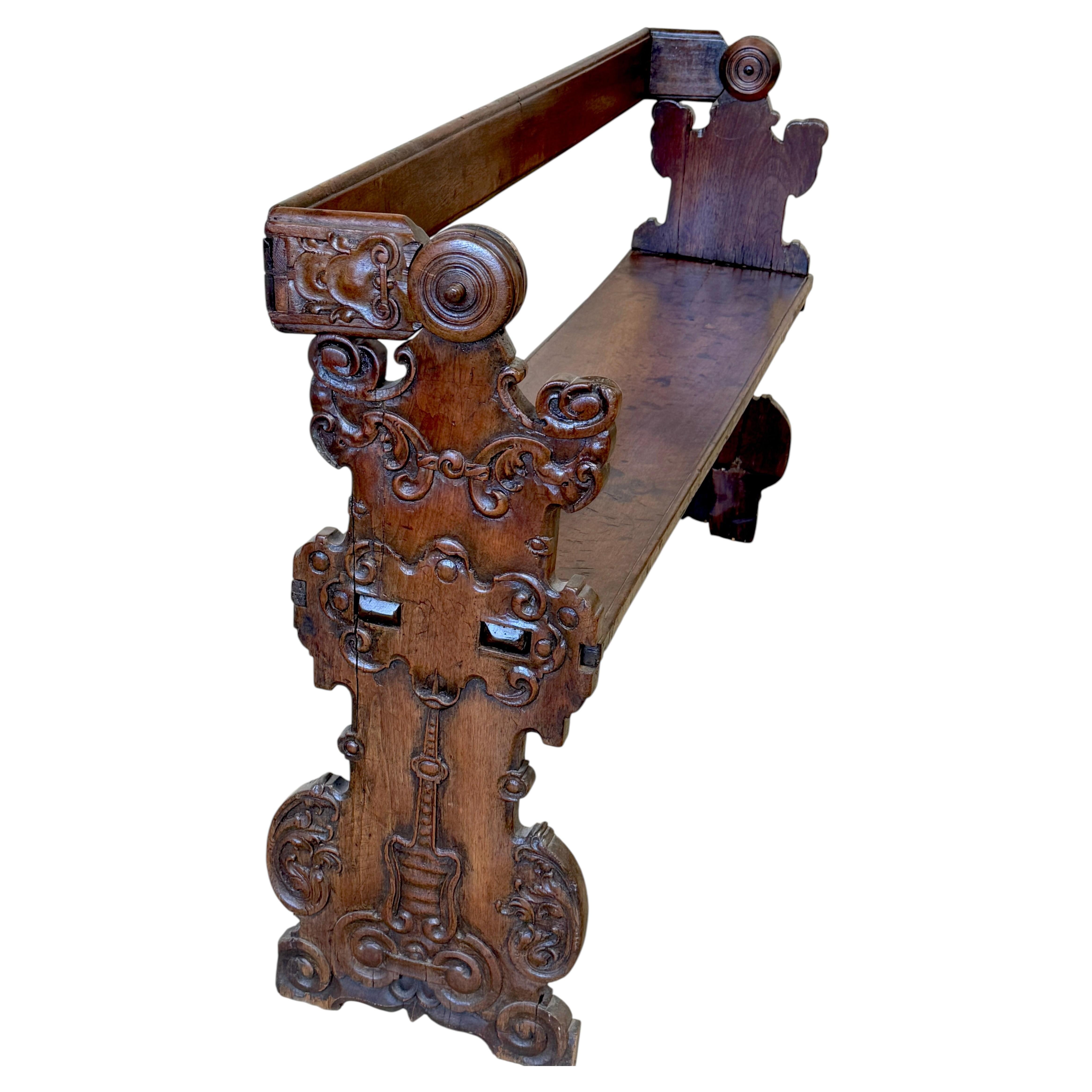 Italian Baroque Carved Walnut Revolving Hall Bench, Late 17th–Early 18th Century