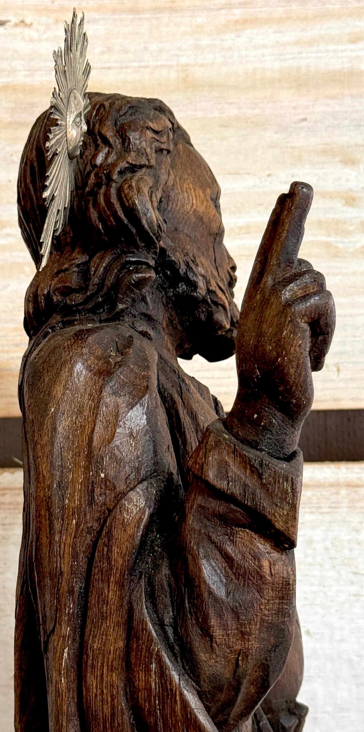 Italian Baroque Carved Walnut & Silver Halo Figure of Jesus / 'Salvator Mundi' 4