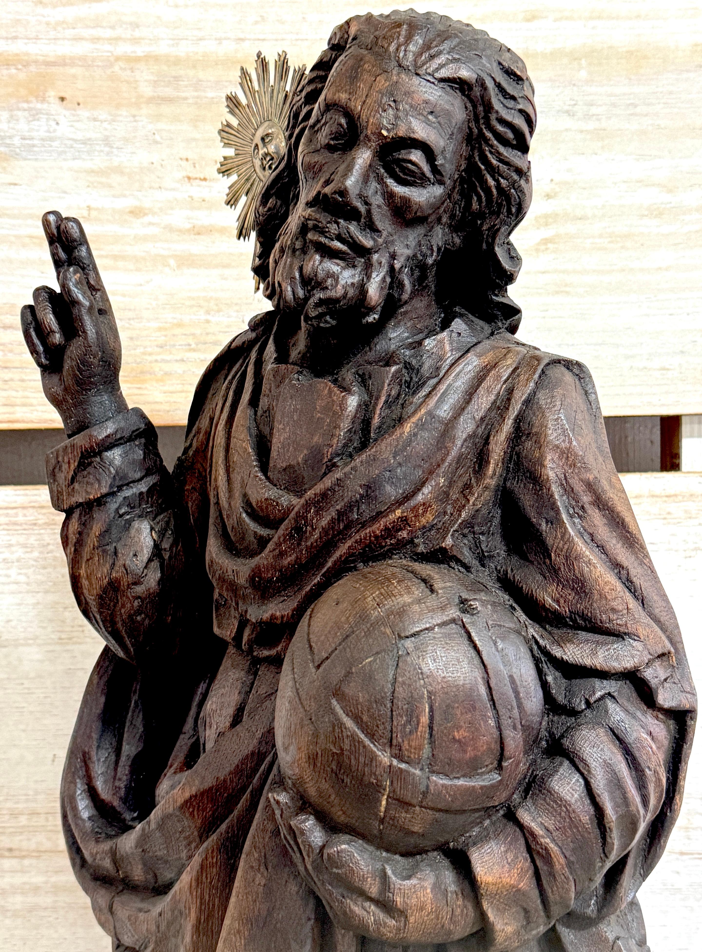 Italian Baroque Carved Walnut & Silver Halo Figure of Jesus / 'Salvator Mundi' 10