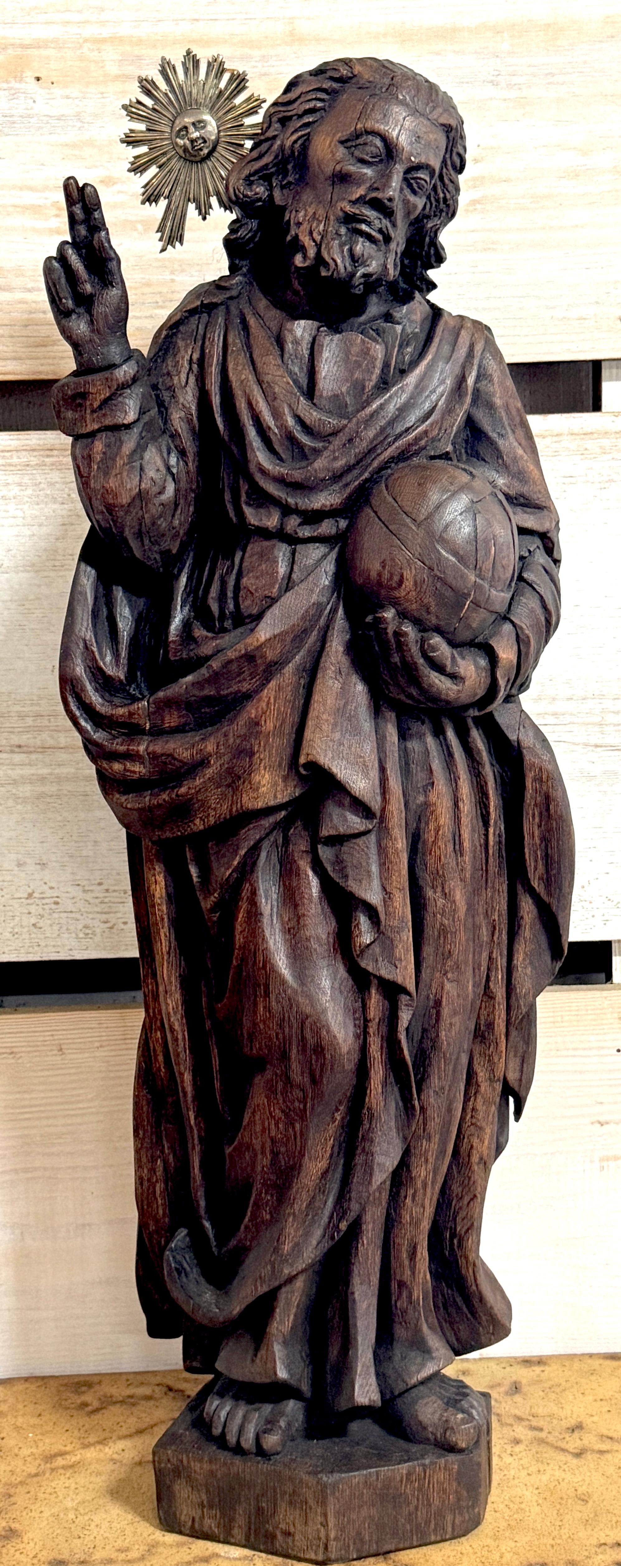Italian Baroque Carved Walnut & Silver Halo Figure of Jesus /  'Salvator Mundi' , Italy 18th Century or Older

This Italian Baroque Carved Walnut & Silver Halo Figure of Jesus, ‘Salvator Mundi,’ dating to the 18th century or earlier, is a powerful
