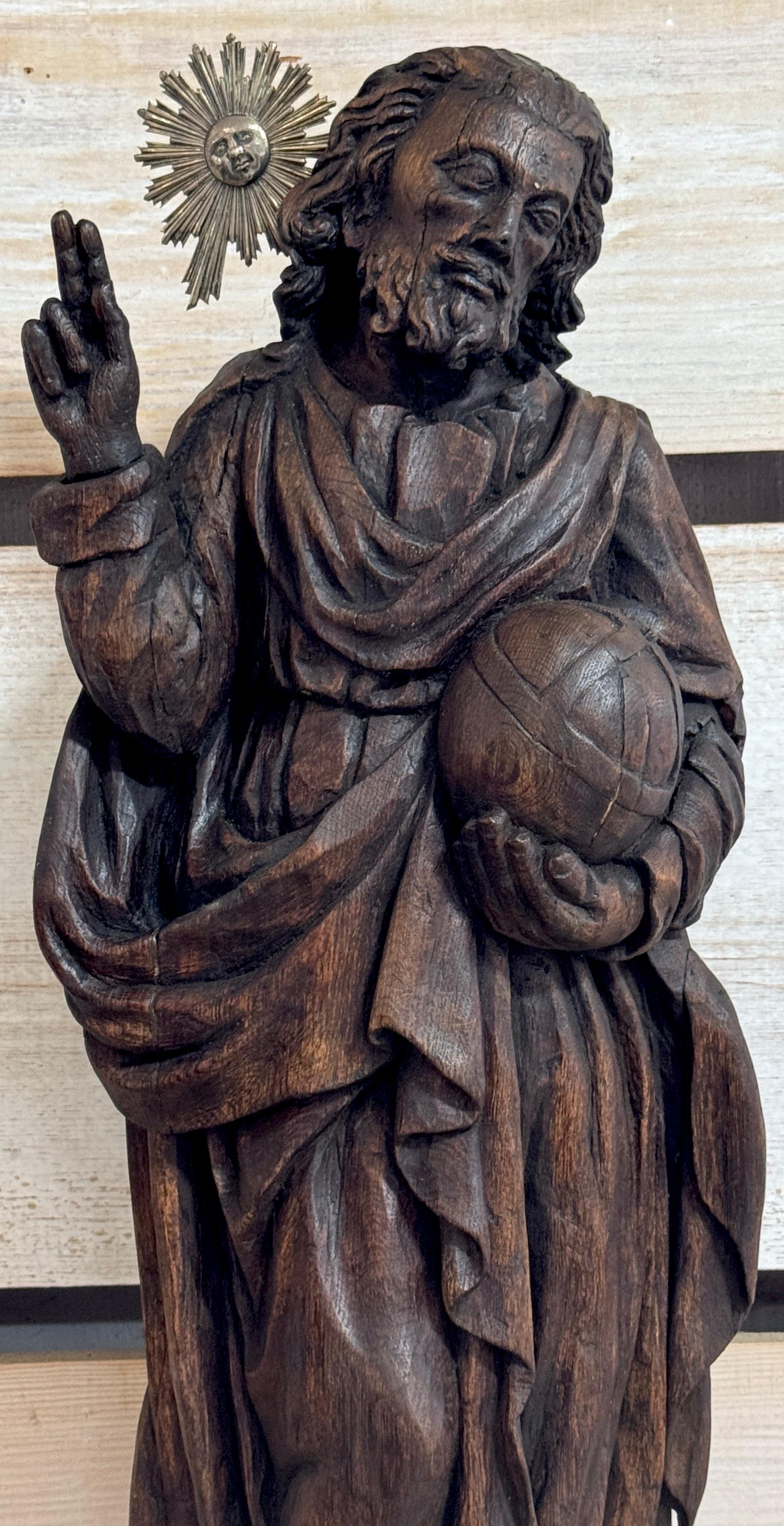 Hand-Carved Italian Baroque Carved Walnut & Silver Halo Figure of Jesus / 'Salvator Mundi'