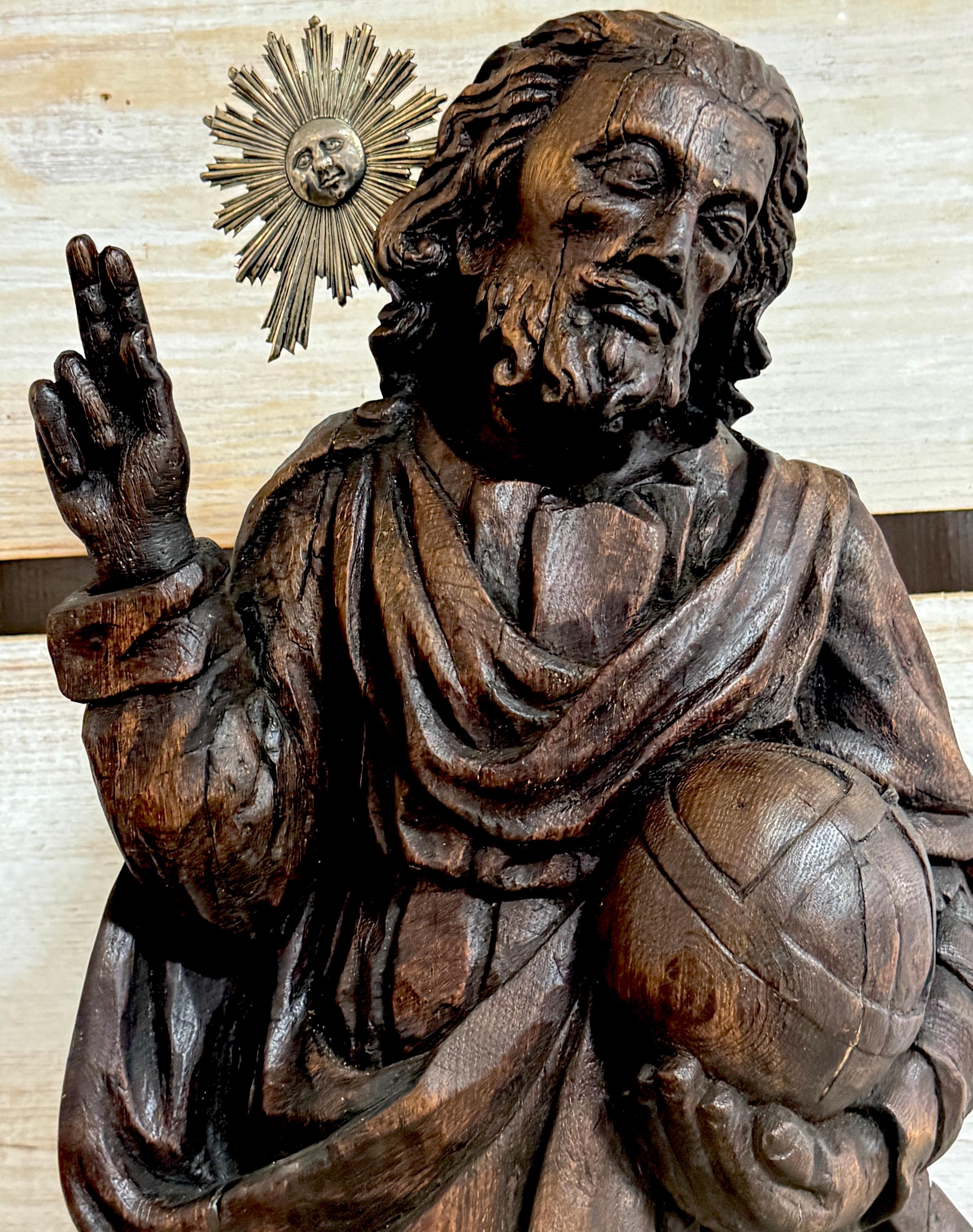 Sterling Silver Italian Baroque Carved Walnut & Silver Halo Figure of Jesus / 'Salvator Mundi'