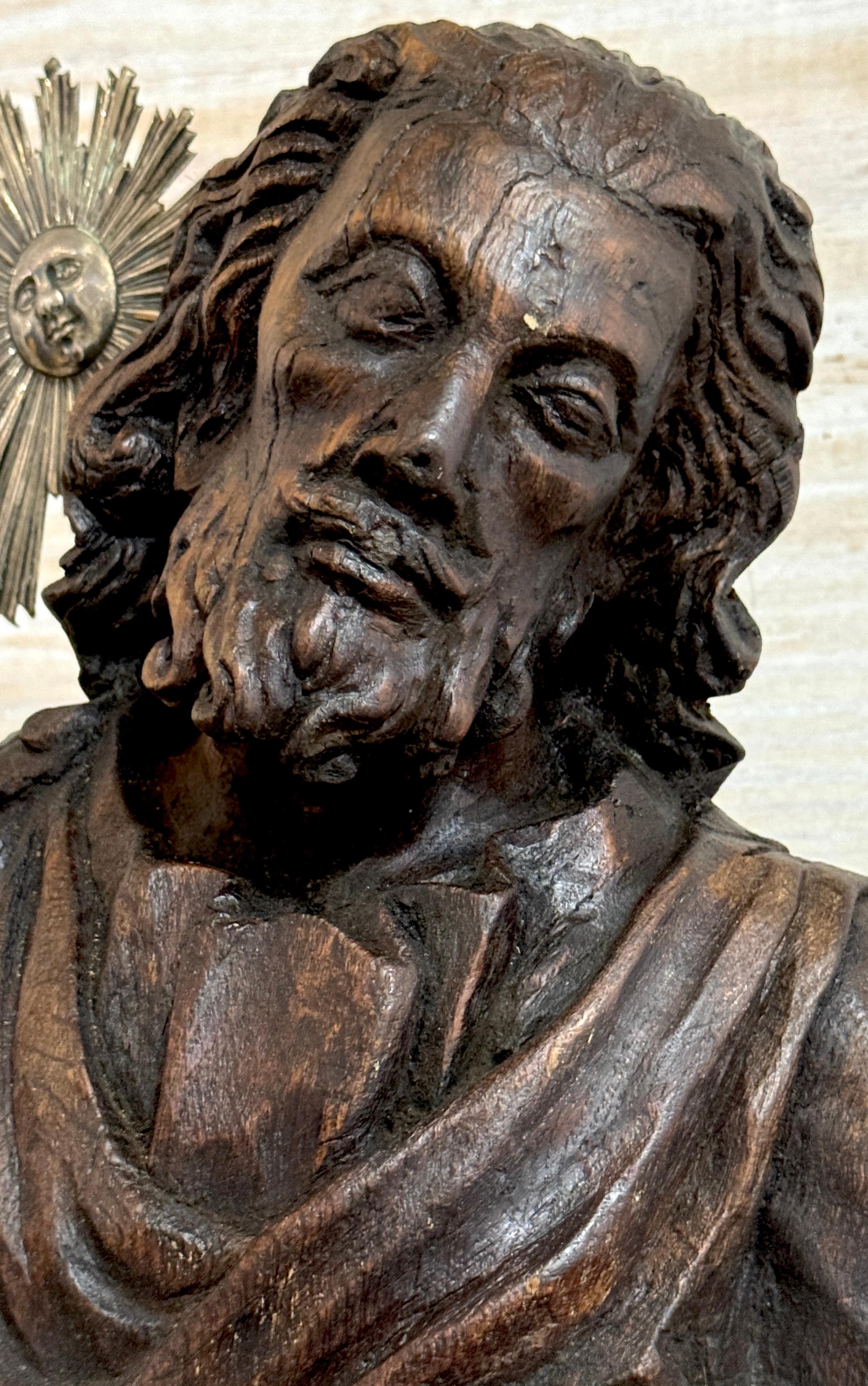 Italian Baroque Carved Walnut & Silver Halo Figure of Jesus / 'Salvator Mundi' 2