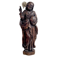 Italian Baroque Carved Walnut & Silver Halo Figure of Jesus / 'Salvator Mundi'