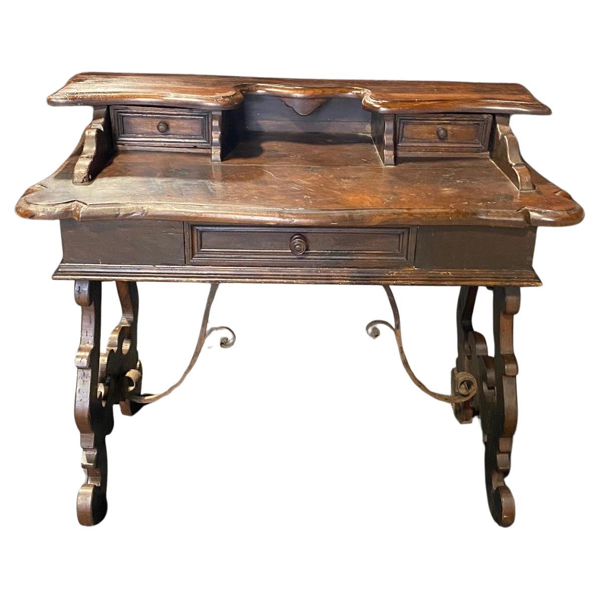 Italian Baroque Carved Walnut Writing Desk with Lyre Base For Sale