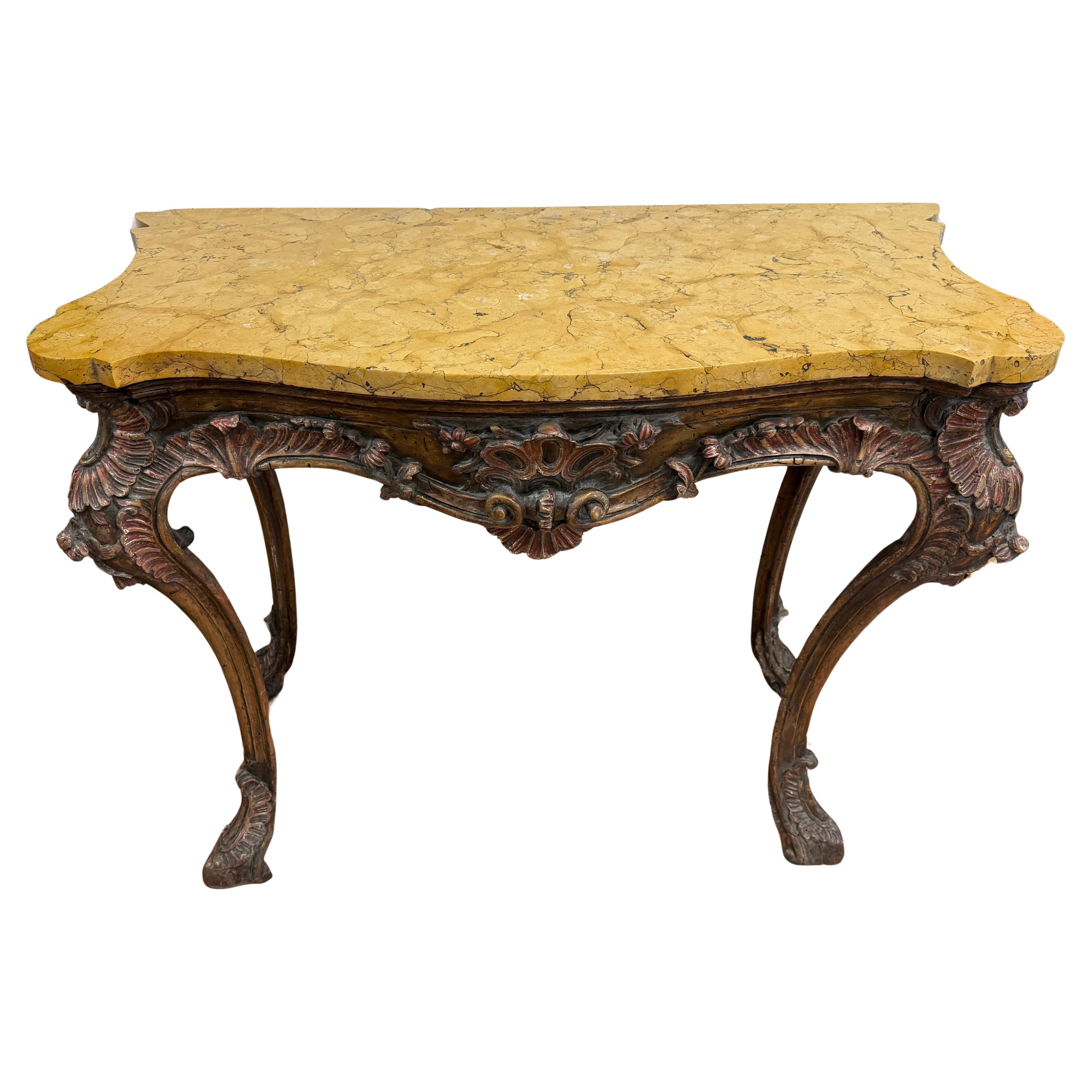 Italian Baroque Carved Wood Console Siena Marble Top Encrusted Nautilus Fossils