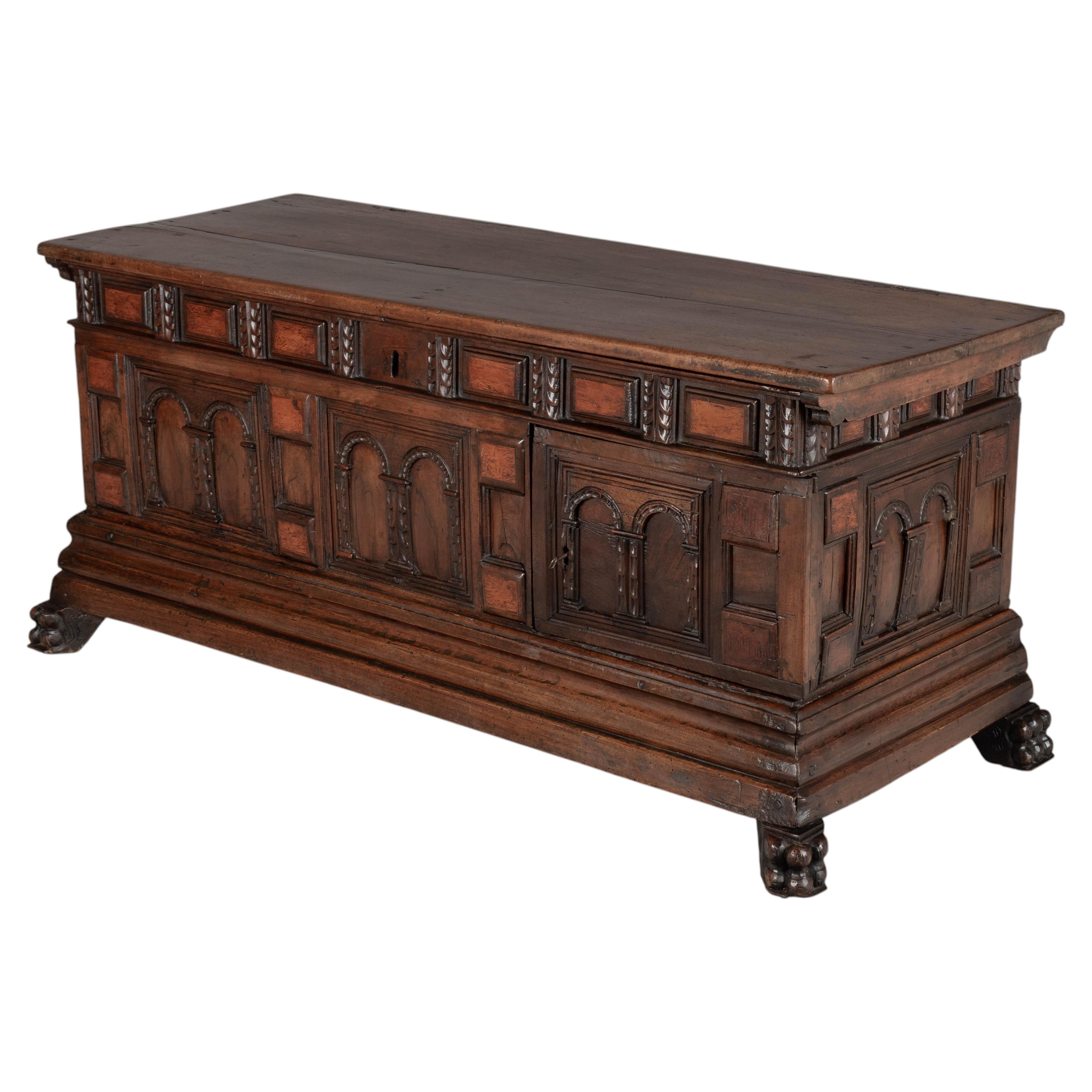 Italian Baroque Cassone Marriage Chest, Solid Walnut, Circa 1700-1730