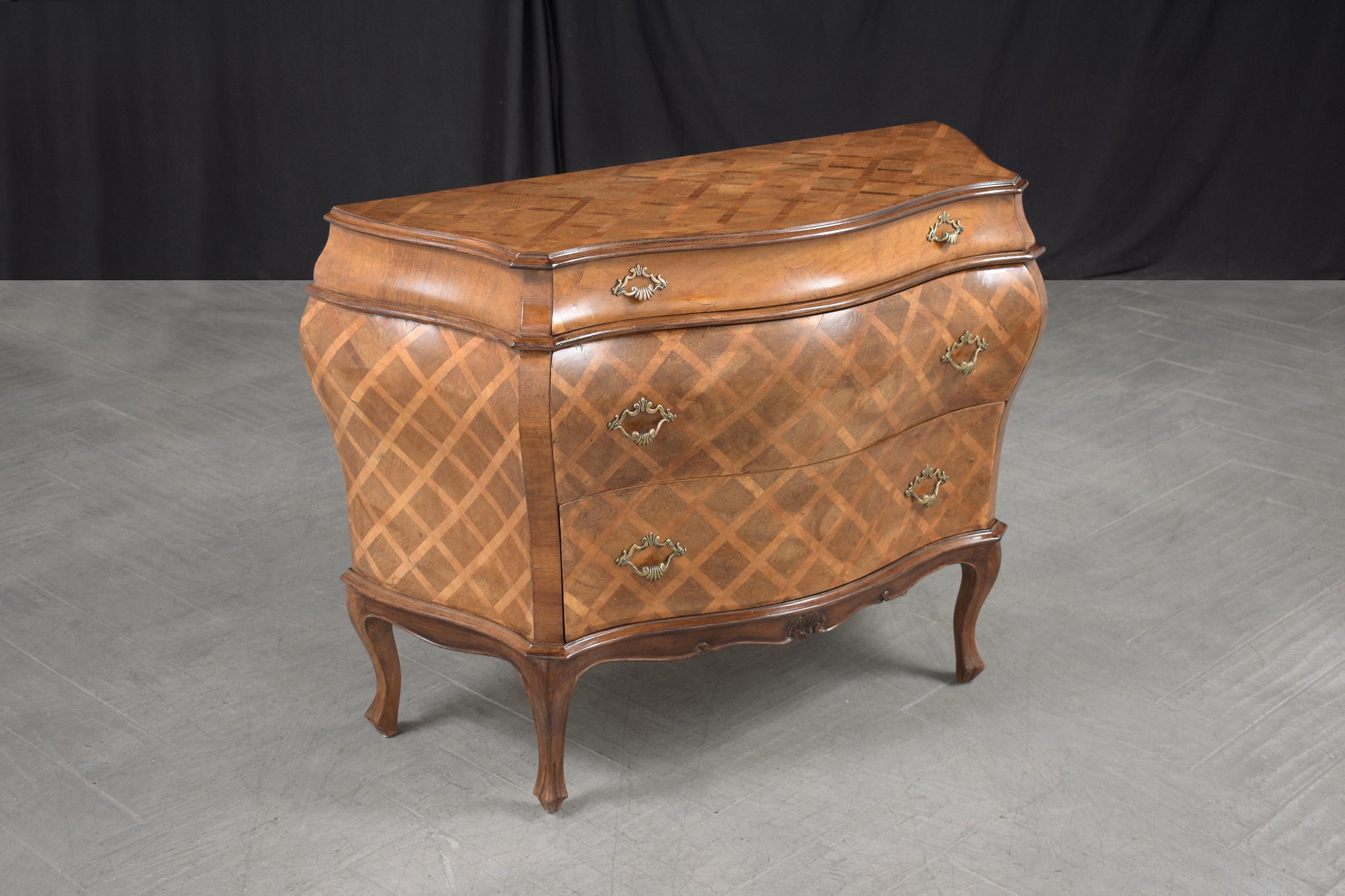 Baroque Italian Vintage Commode: Restored Wood and Marquetry Veneer Bombay Chest