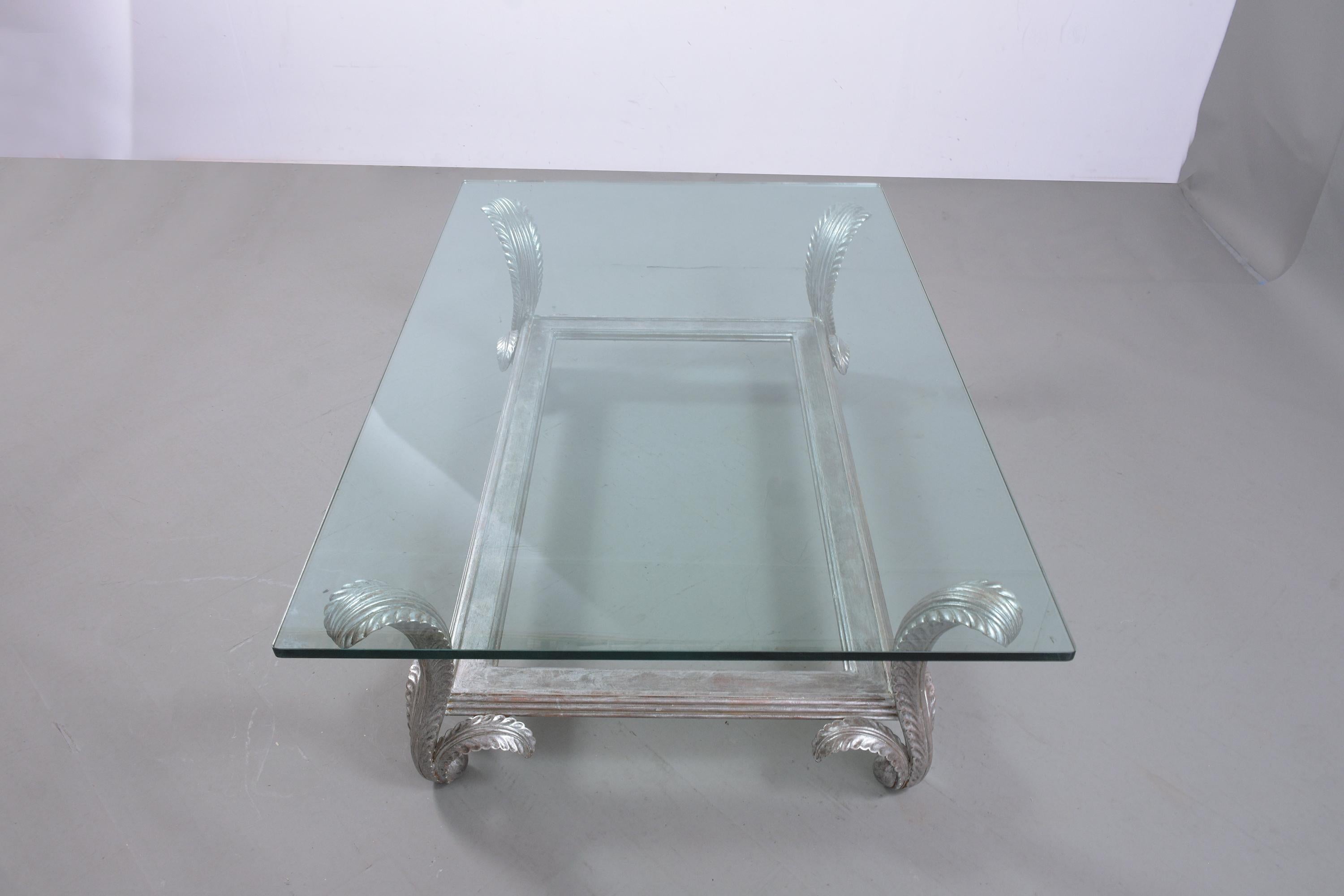 1970s Silver-Leaf Vintage Coffee Table with Glass Top In Good Condition For Sale In Los Angeles, CA