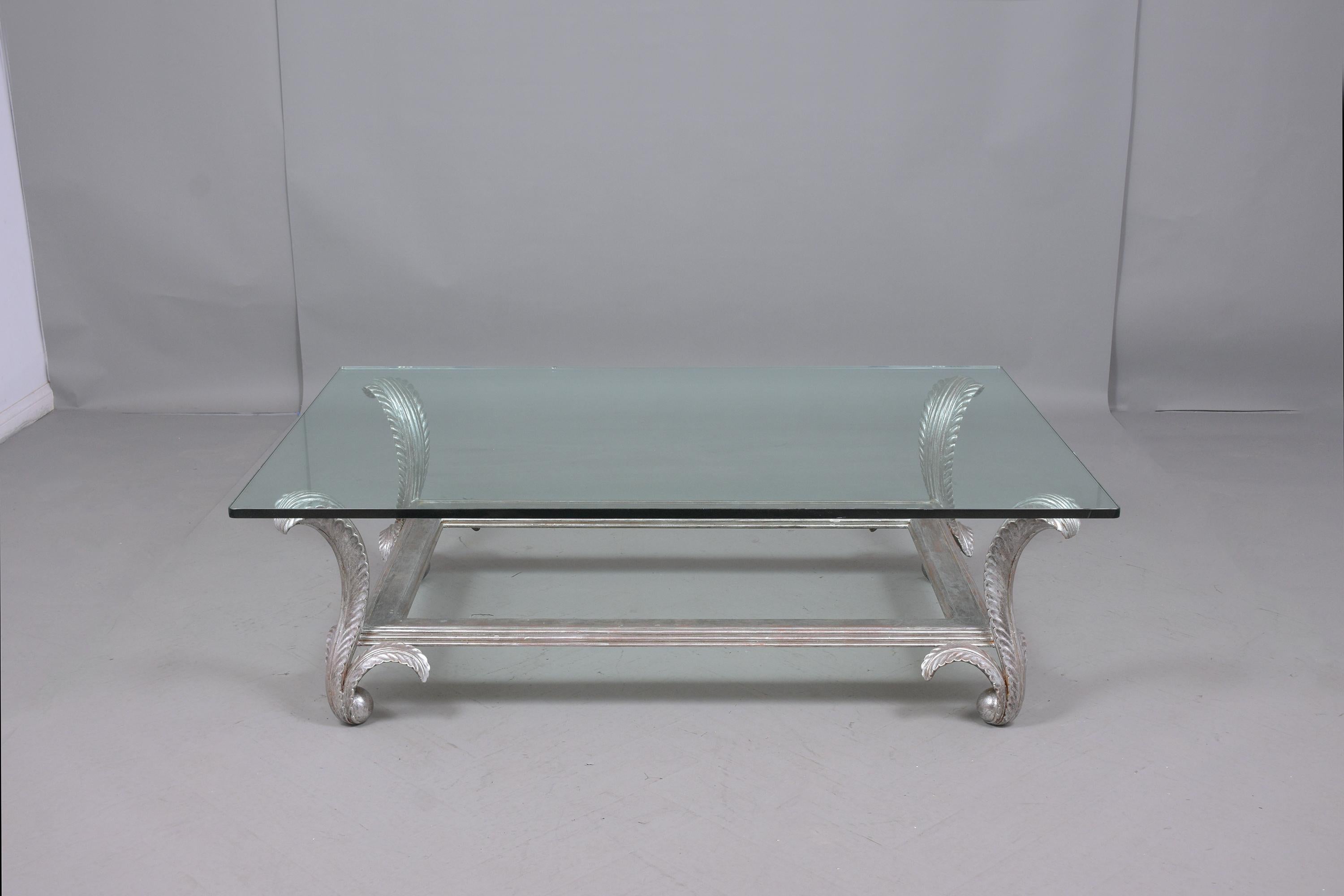 Italian 1970s Silver-Leaf Vintage Coffee Table with Glass Top For Sale