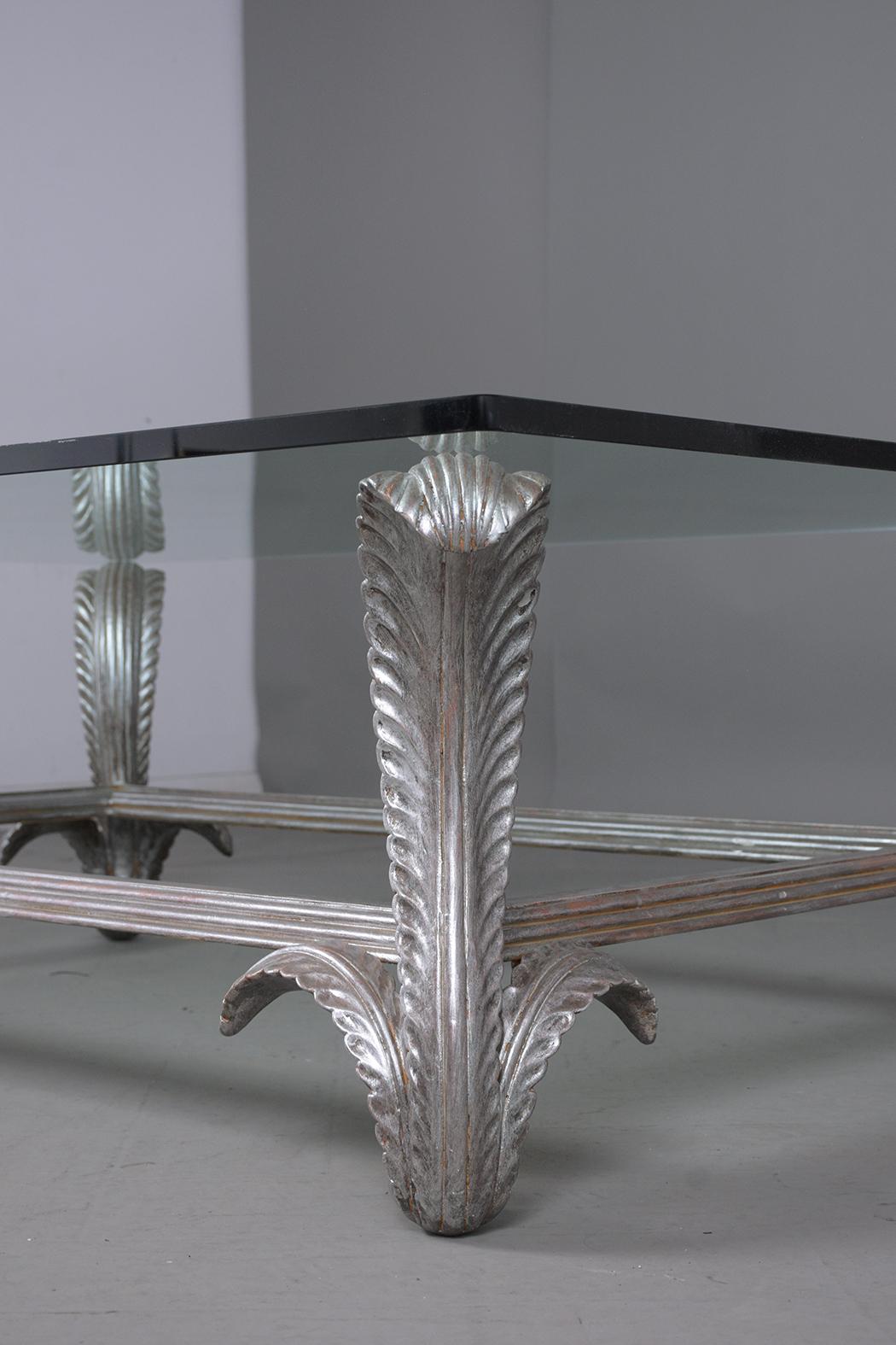 1970s Silver-Leaf Vintage Coffee Table with Glass Top For Sale 1