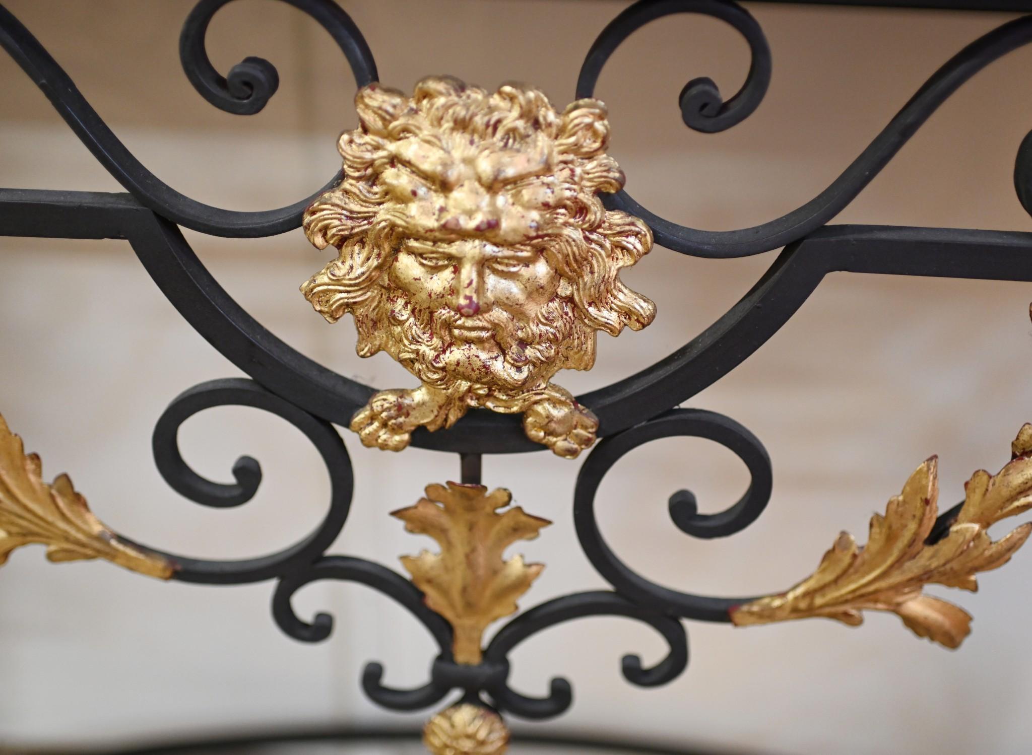 Late 20th Century Italian Baroque Console Table Wine Server Iron Marble Top Bacchus For Sale