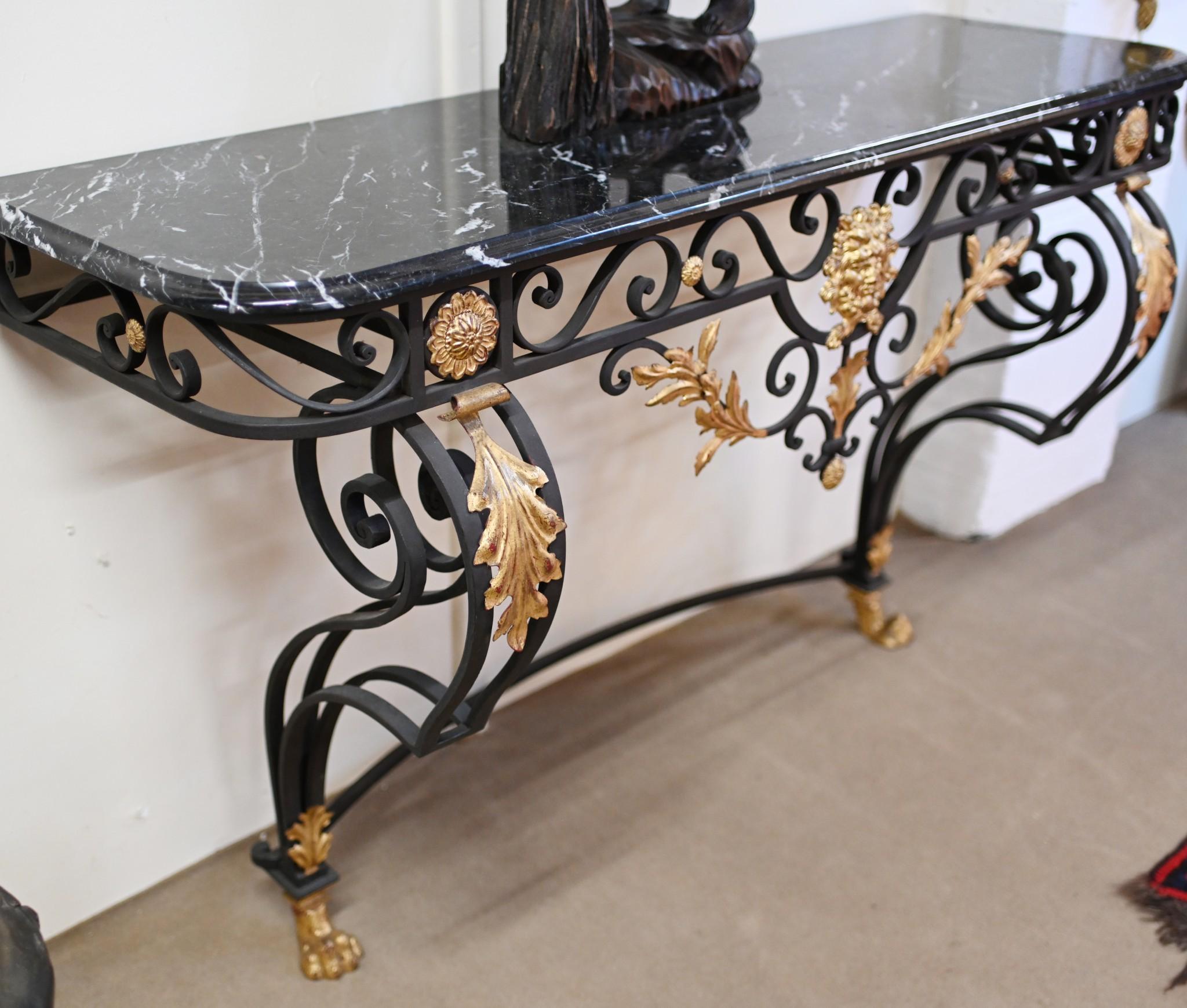 Italian Baroque Console Table Wine Server Iron Marble Top Bacchus For Sale 1