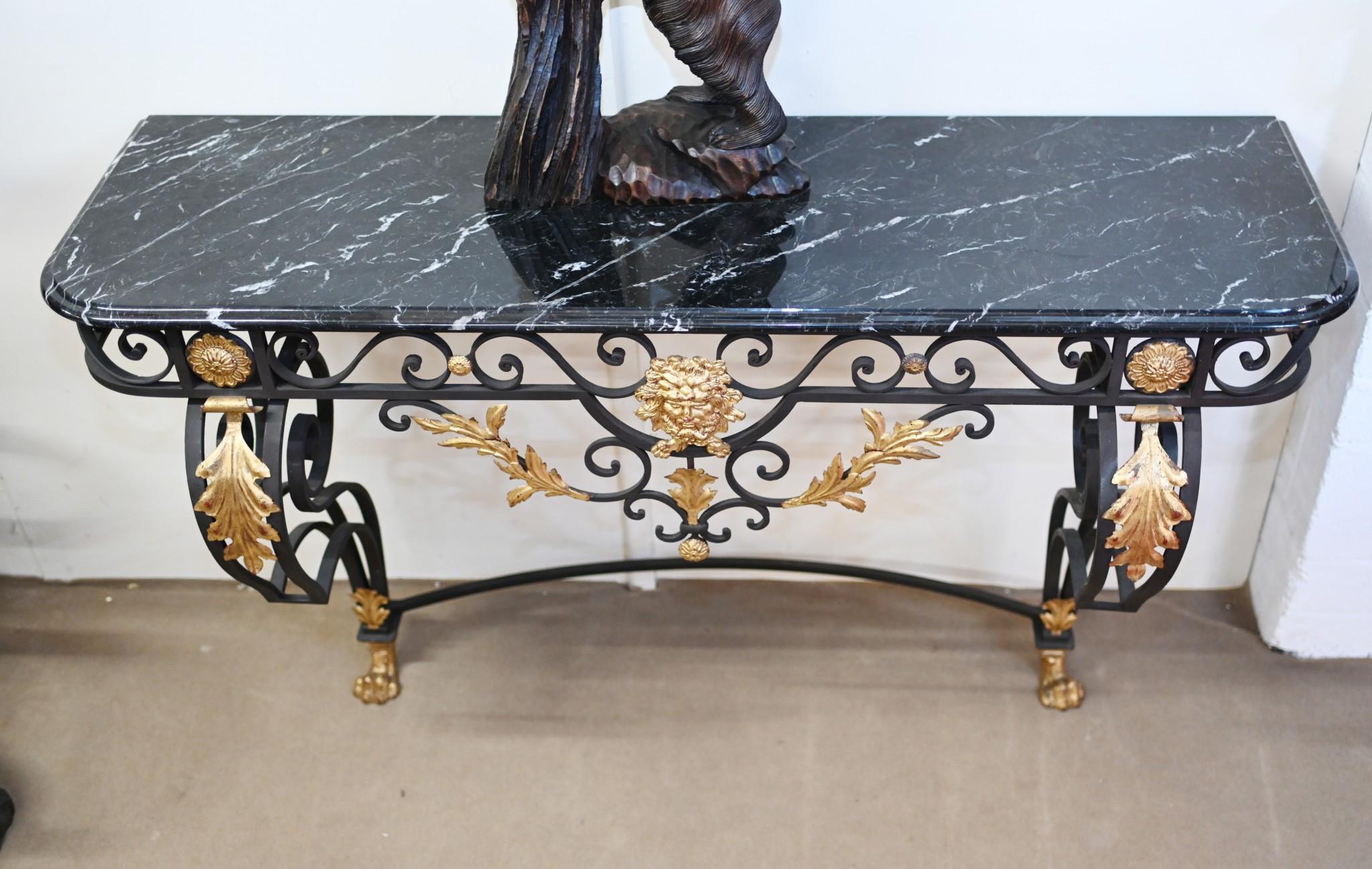 Italian Baroque Console Table Wine Server Iron Marble Top Bacchus For Sale 4
