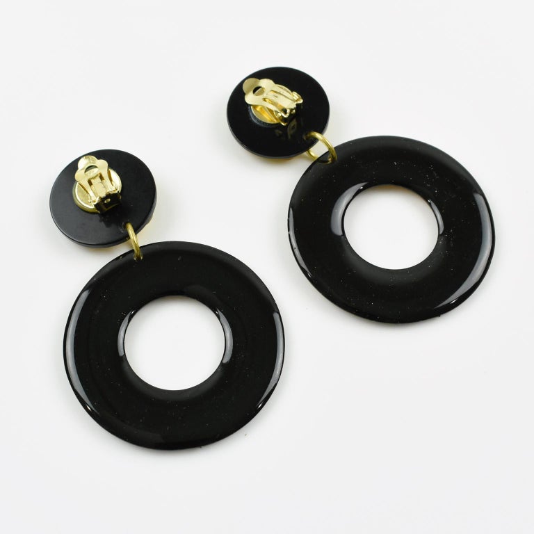 Italian Baroque Dangle Black Gold Lucite Clip Earrings For Sale at 1stdibs