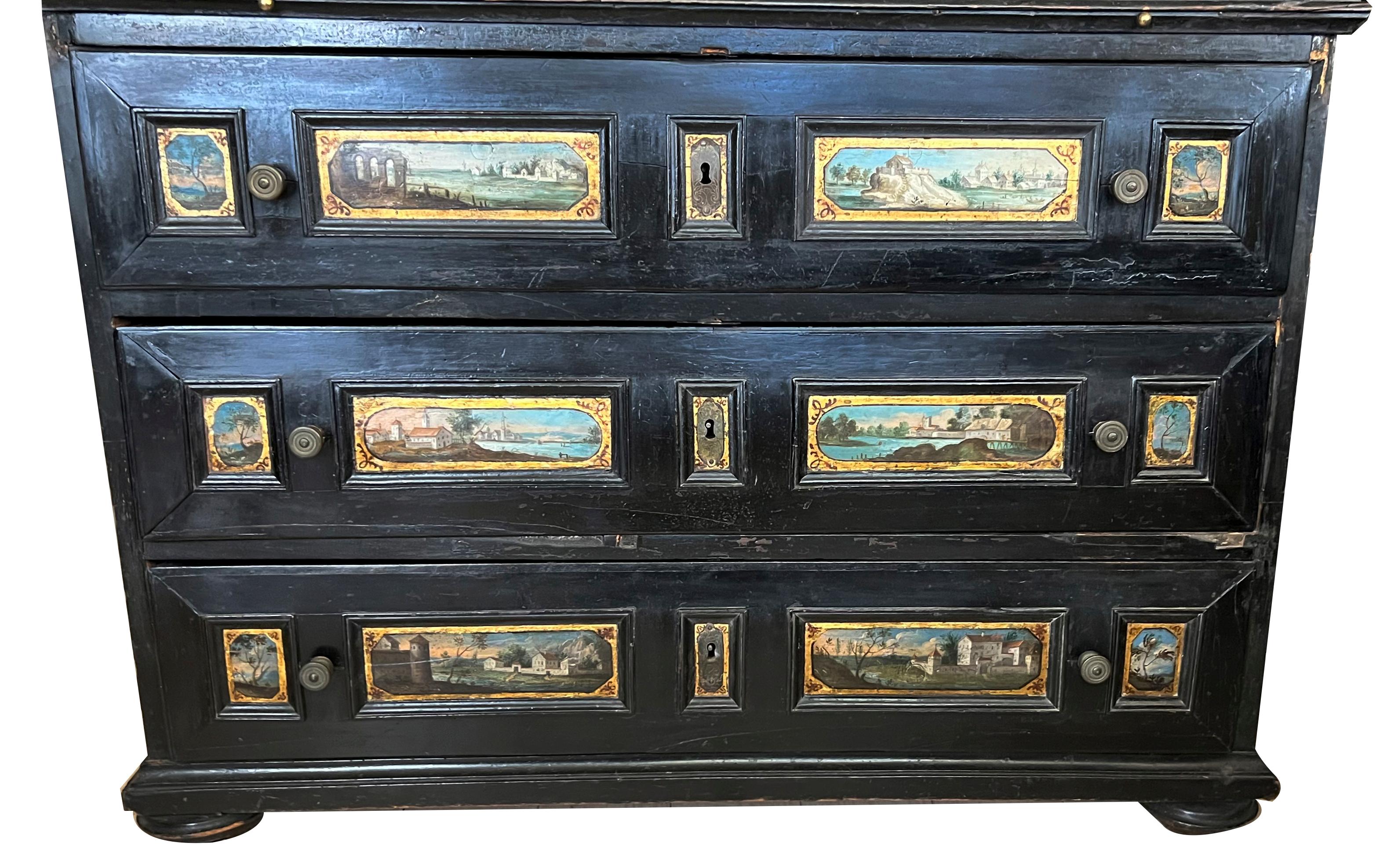 Italian Baroque Ebonized and Eglomise Bureau Cabinet For Sale 1