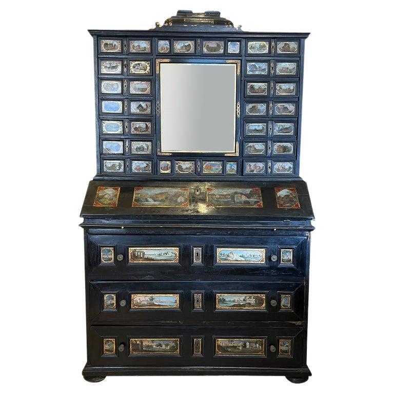Italian Baroque Ebonized and Eglomise Bureau Cabinet For Sale