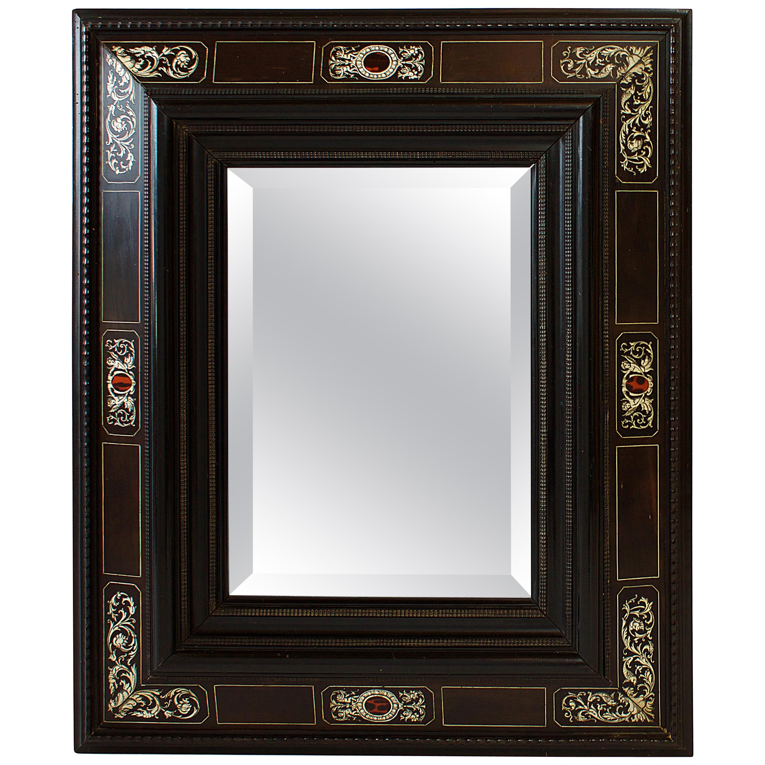 Italian Baroque Ebonized, Specimen Marble and Bone Inlaid Mirror, 18th Century For Sale