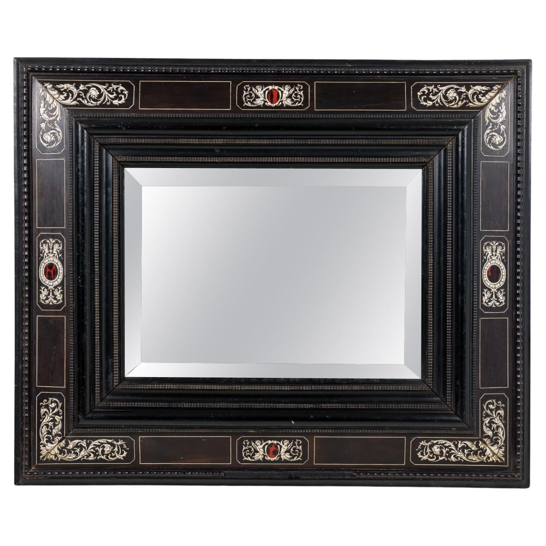 Italian Baroque Ebonized Specimen Marble and Bone Inlaid Wall Mirror