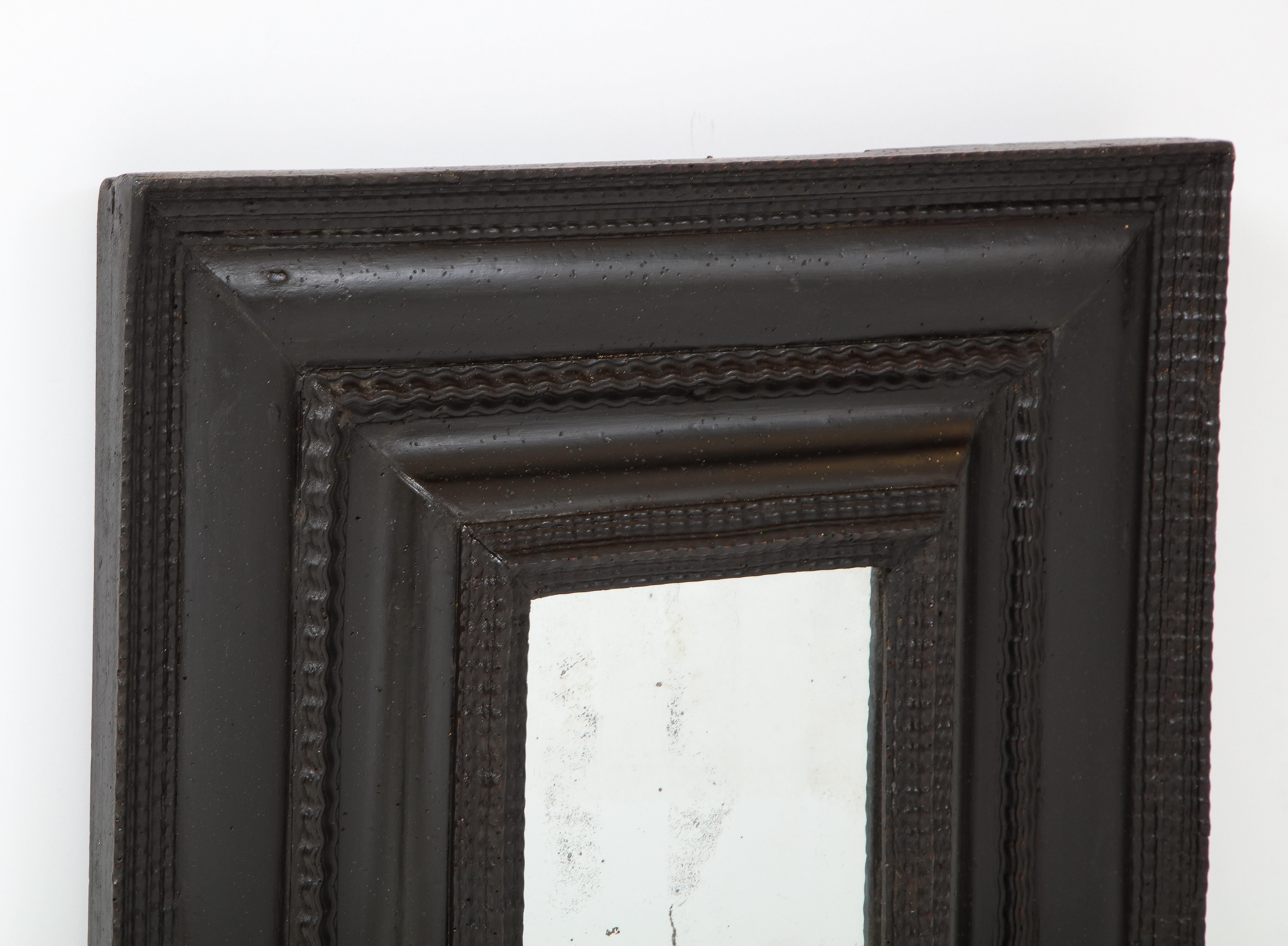 Italian Baroque Ebonized Walnut Guilloché Frame, Inset with Old Mercury Glass In Good Condition For Sale In New York, NY