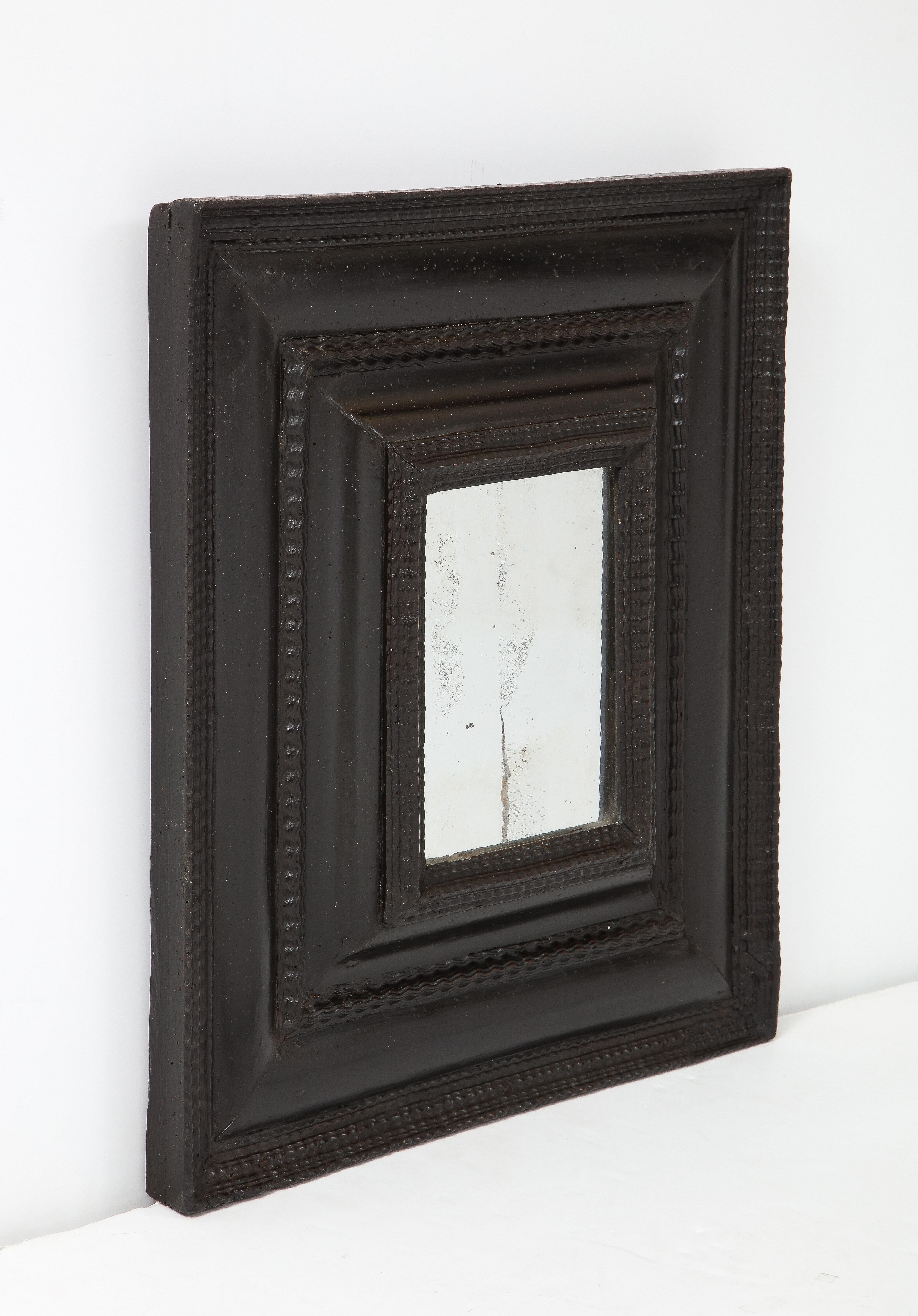 Italian Baroque Ebonized Walnut Guilloché Frame, Inset with Old Mercury Glass For Sale 1