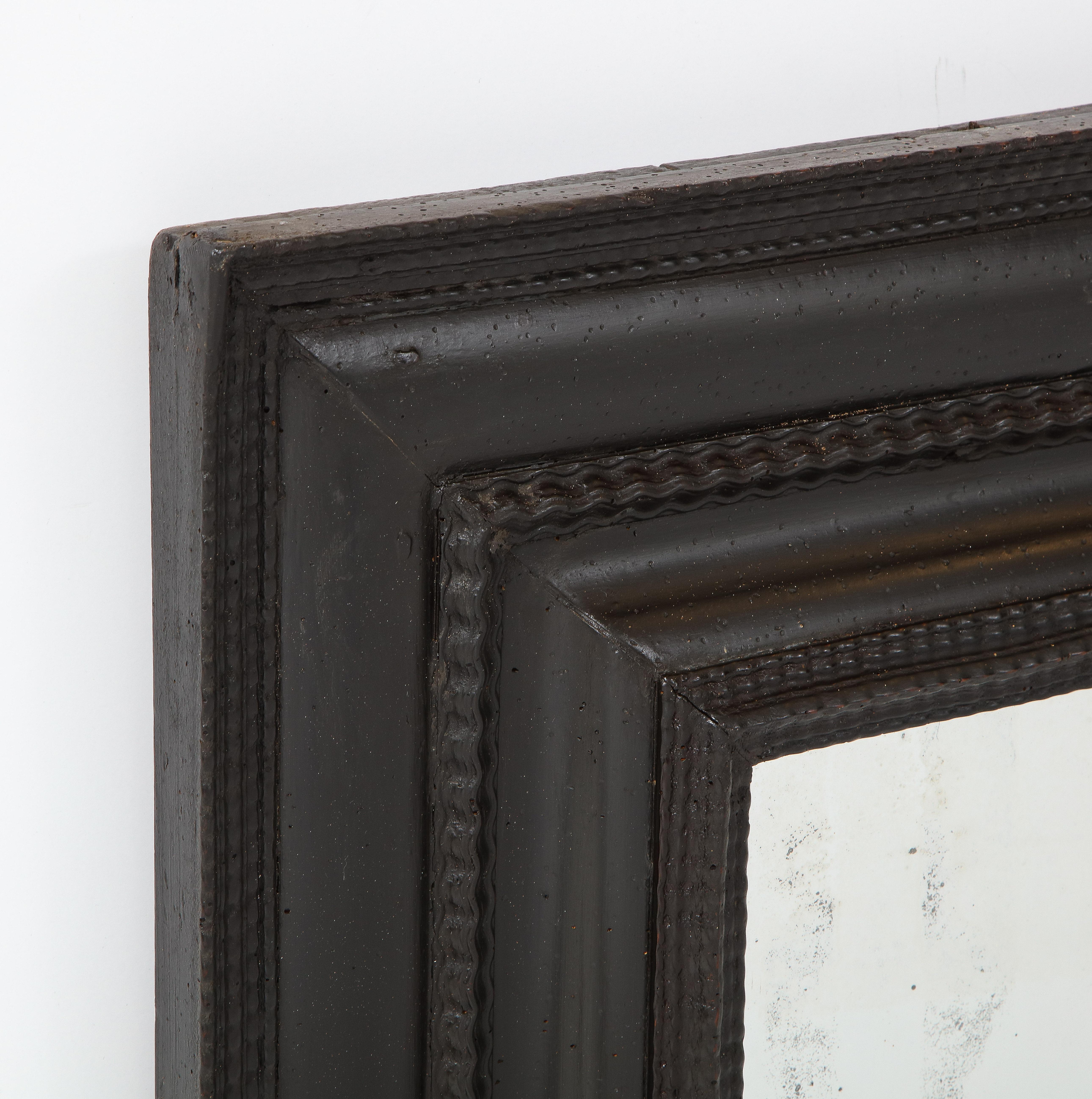 Italian Baroque Ebonized Walnut Guilloché Frame, Inset with Old Mercury Glass For Sale 2