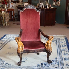 Italian Baroque Figural Carved Walnut Throne Chair, Partial Nude Caryatids c1900