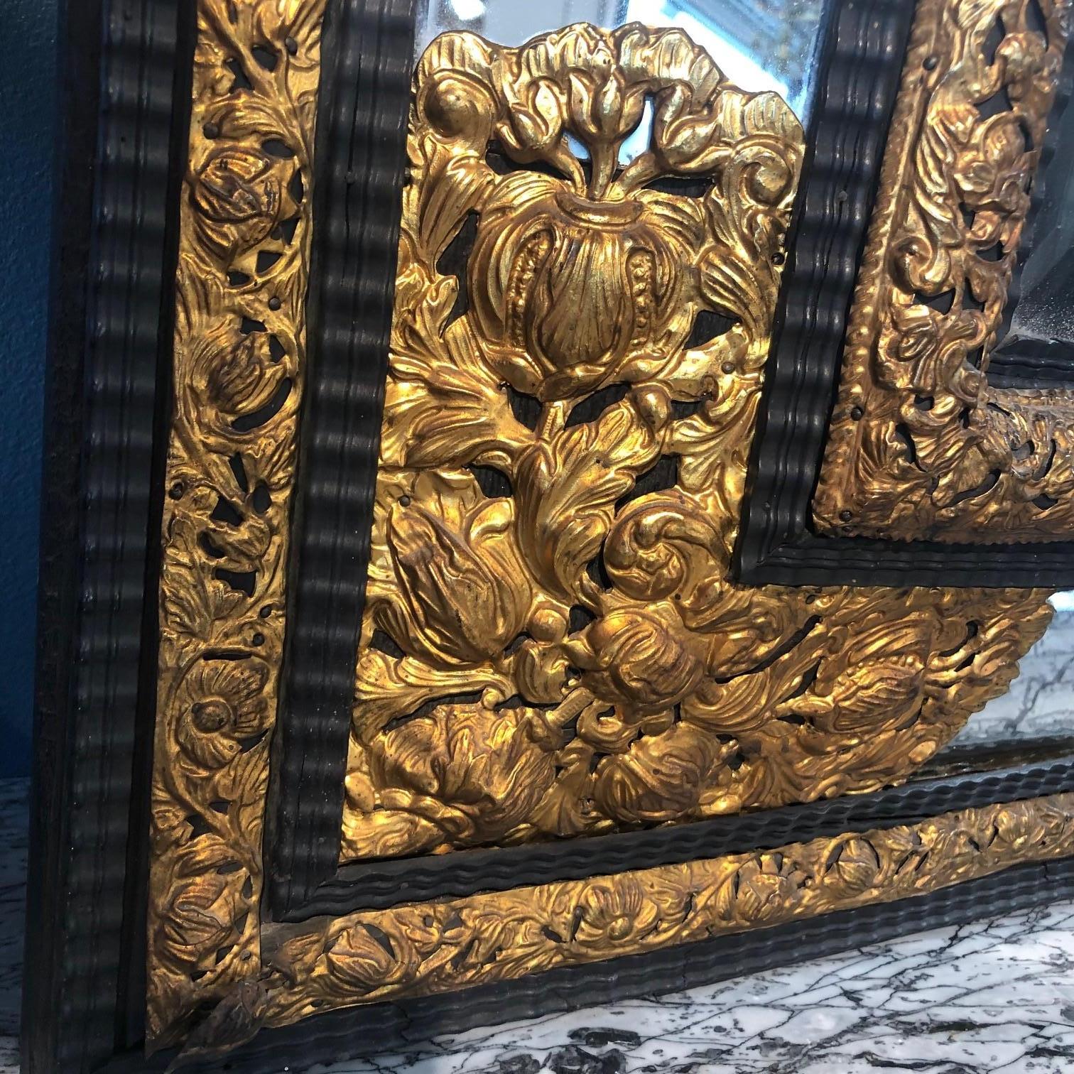 Brass Italian Baroque Gilded, Mirrored & Ebonized Mirror, First Half of 18th Century
