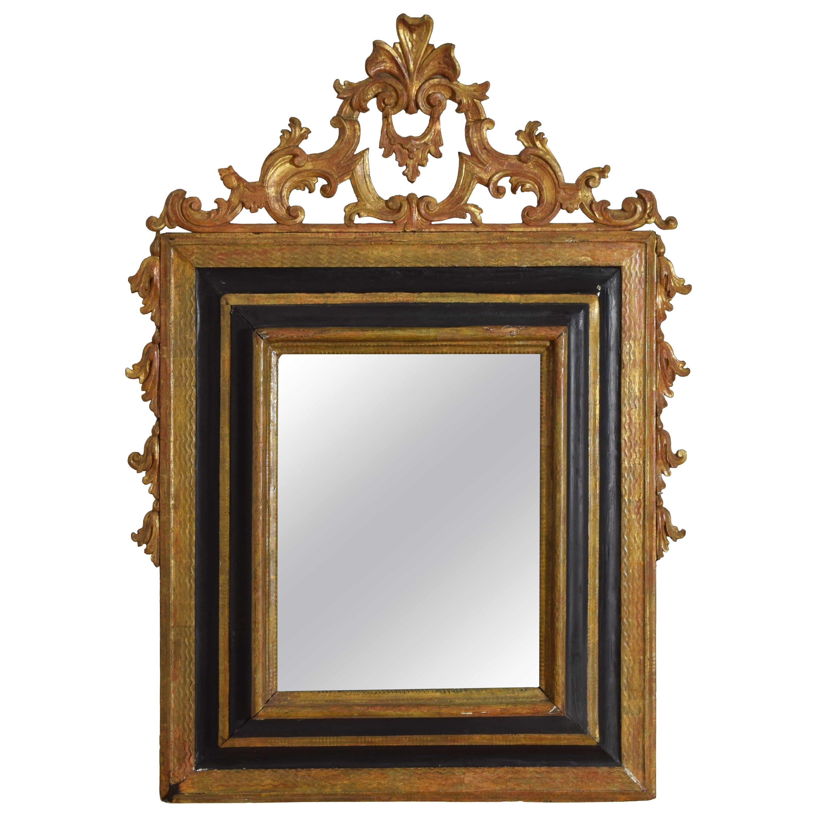 Italian Baroque Period Carved Giltwood and Ebonized Mirror, 17th to 18th Cent. For Sale