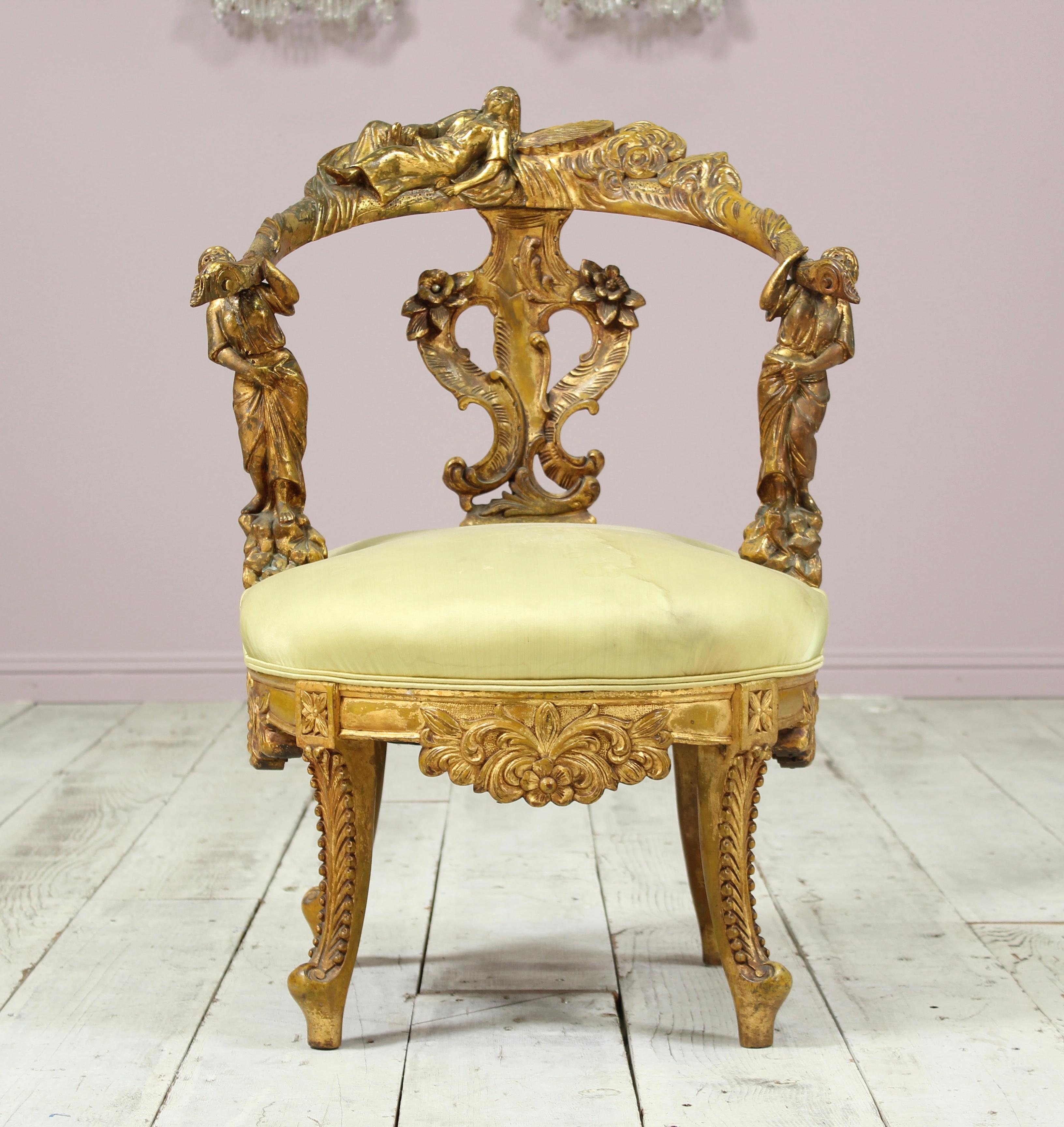 Italian Baroque Giltwood Settee and Side Chair In Excellent Condition In Los Angeles, CA
