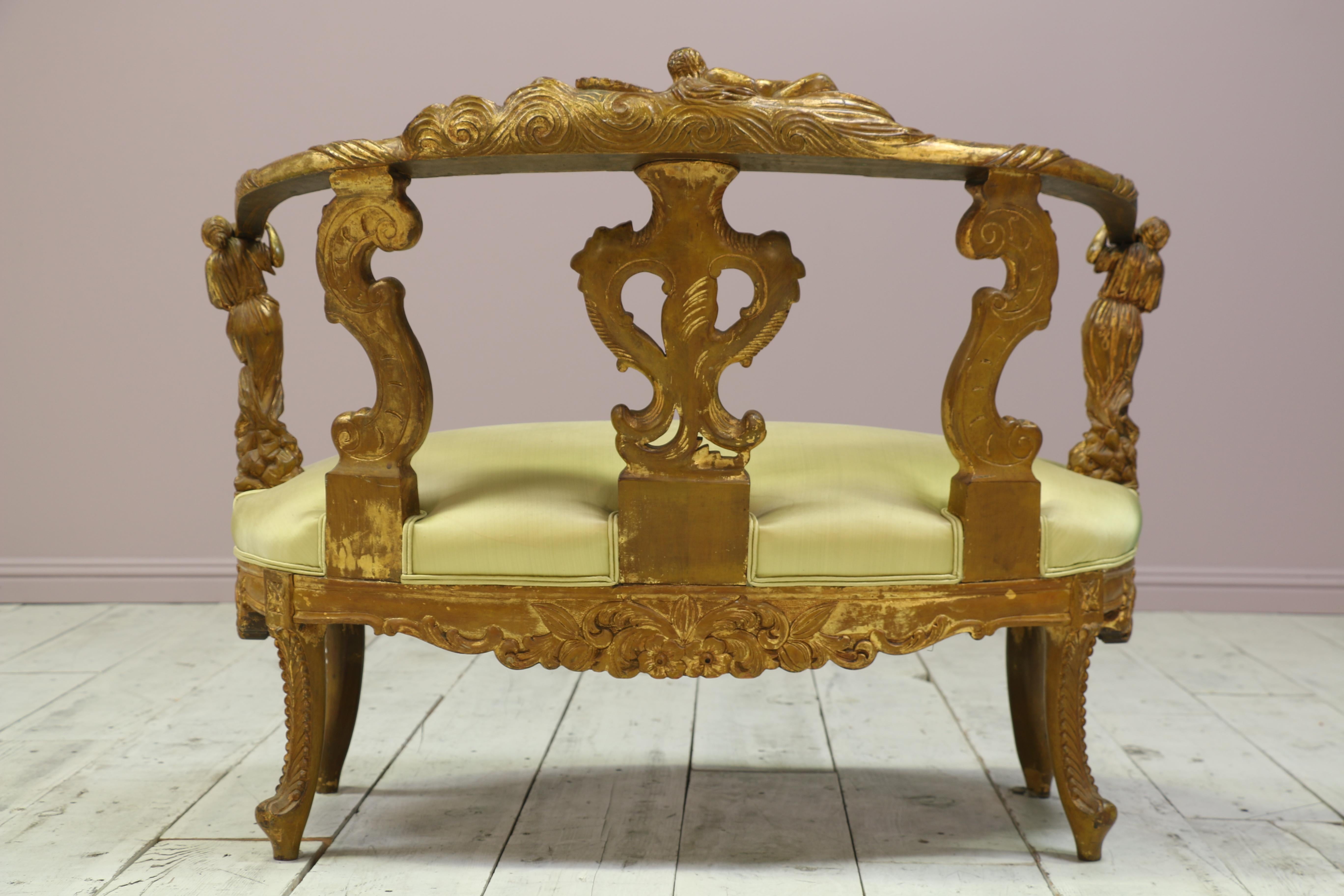 Late 19th Century Italian Baroque Giltwood Settee and Side Chair