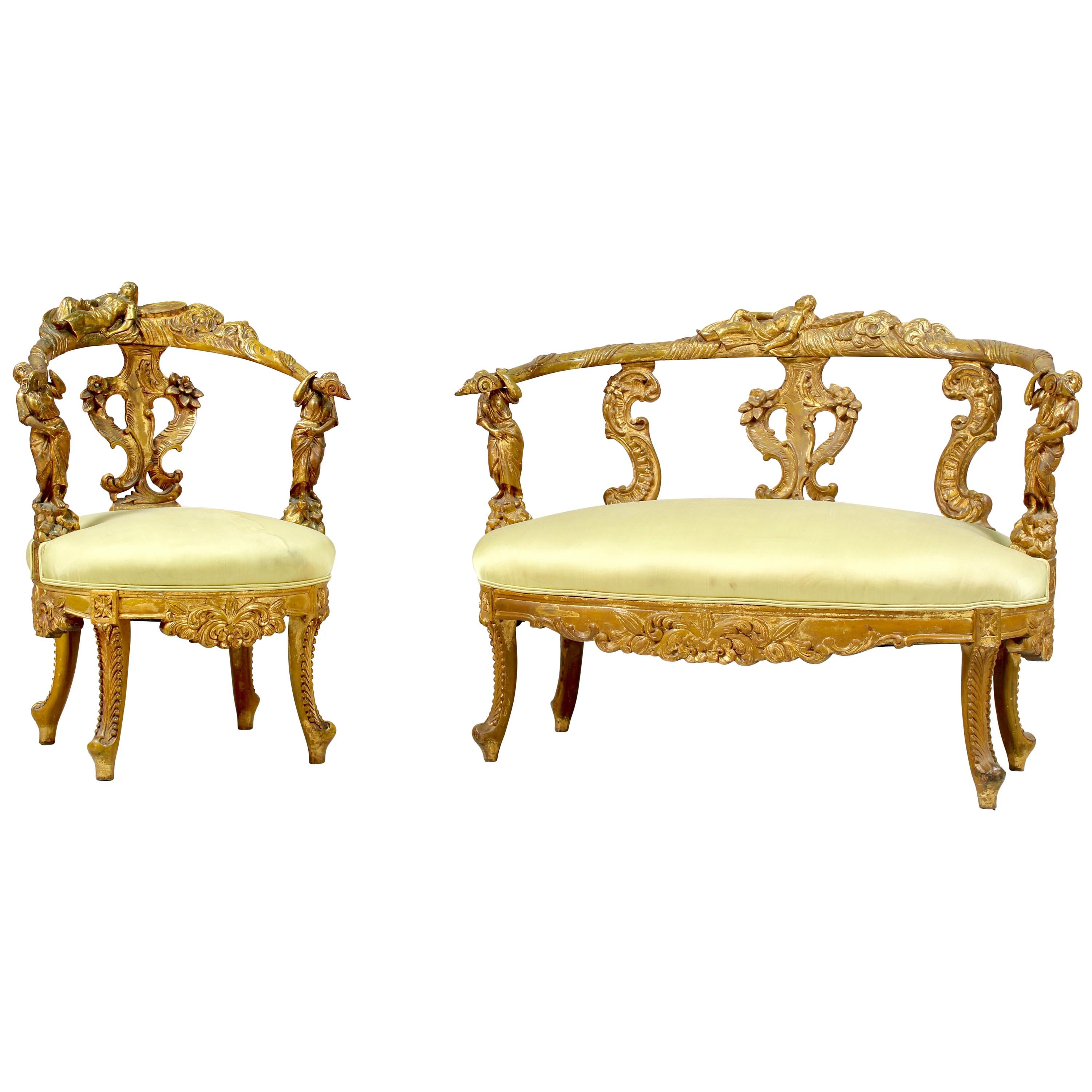 Italian Baroque Giltwood Settee and Side Chair