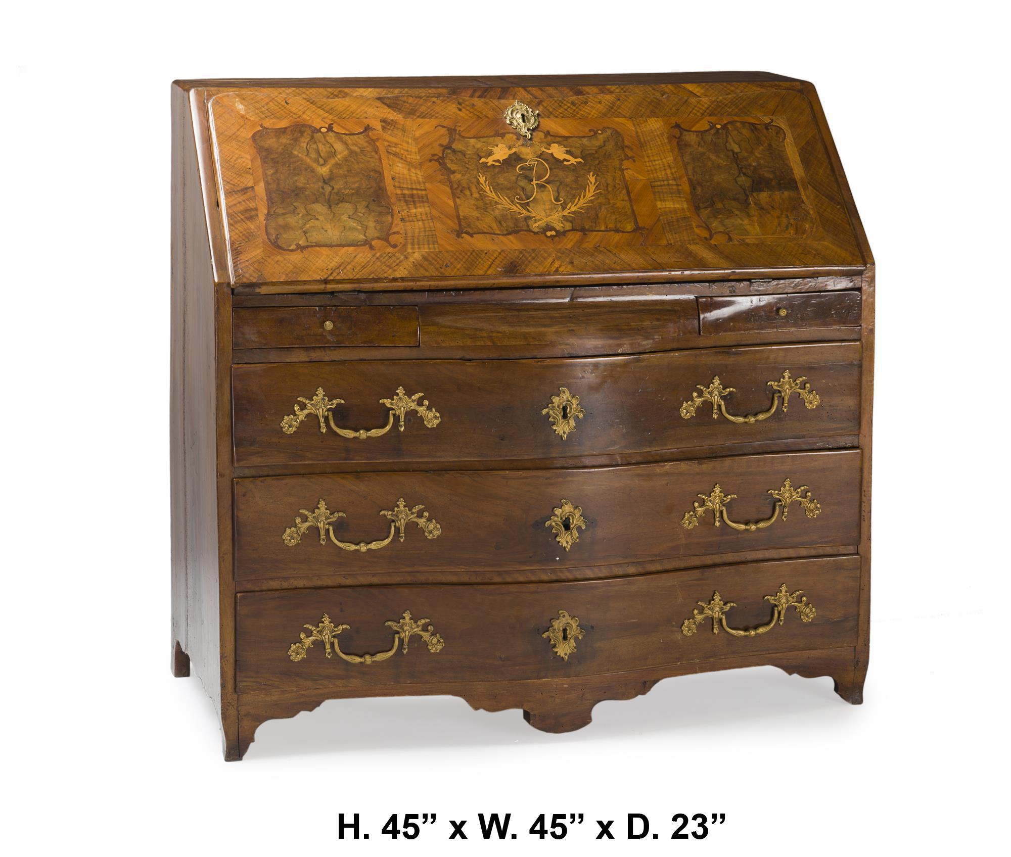 Imposing Italian Baroque inlaid walnut slant desk
Late 18th century. 
The drop-front top personalized 