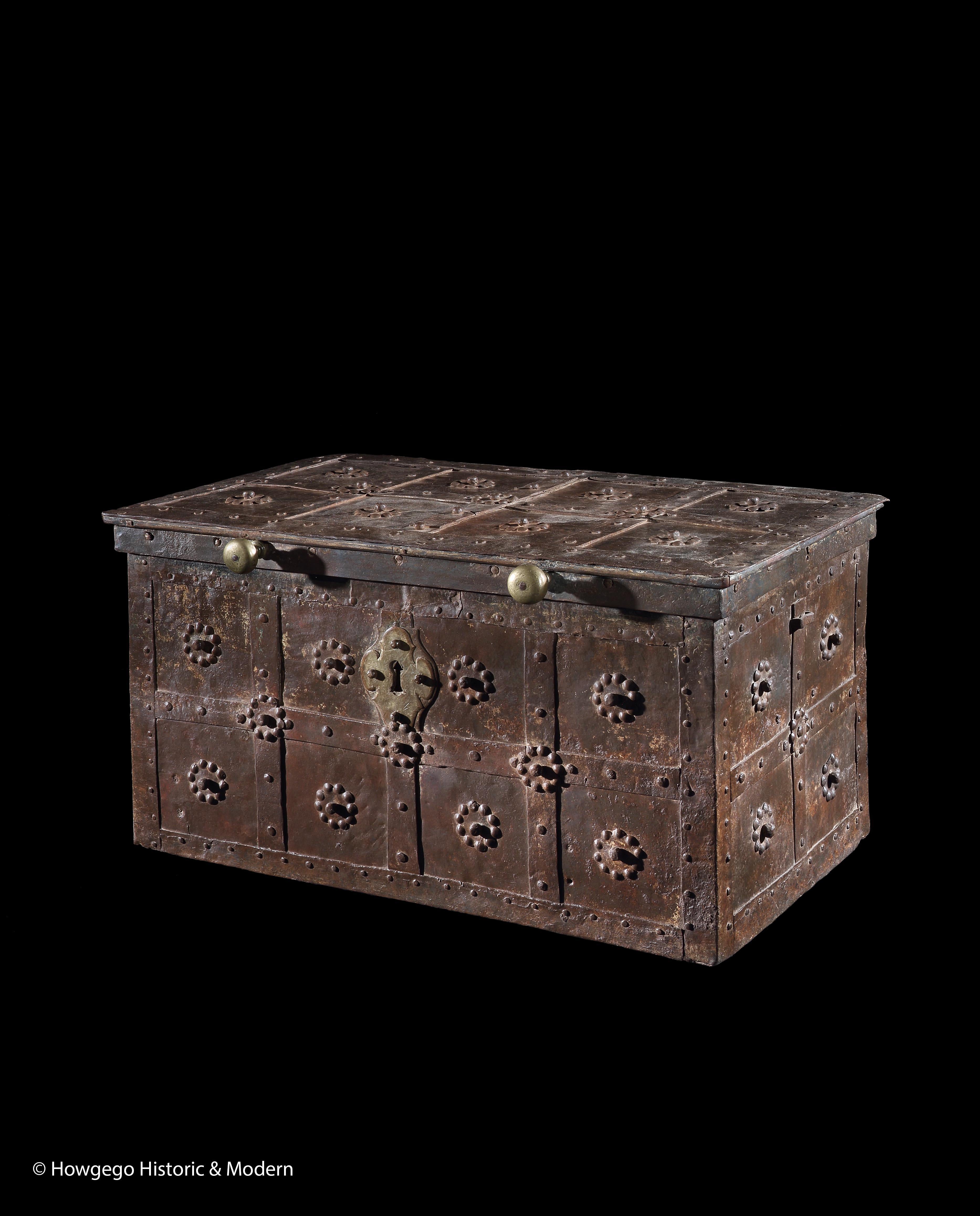 MAGNIFICENT & RARE, ITALIAN, BAROQUE, IRON, 1” THICK, STRONGBOX OR SAFE WITH ORIGINAL 16 BOLT LOCK,  CHASED PLATE, 3 KEYS
- Stunning 1” thick, iron strongbox, impenetrable with massive lock and holes in the base where it has been bolted to the floor