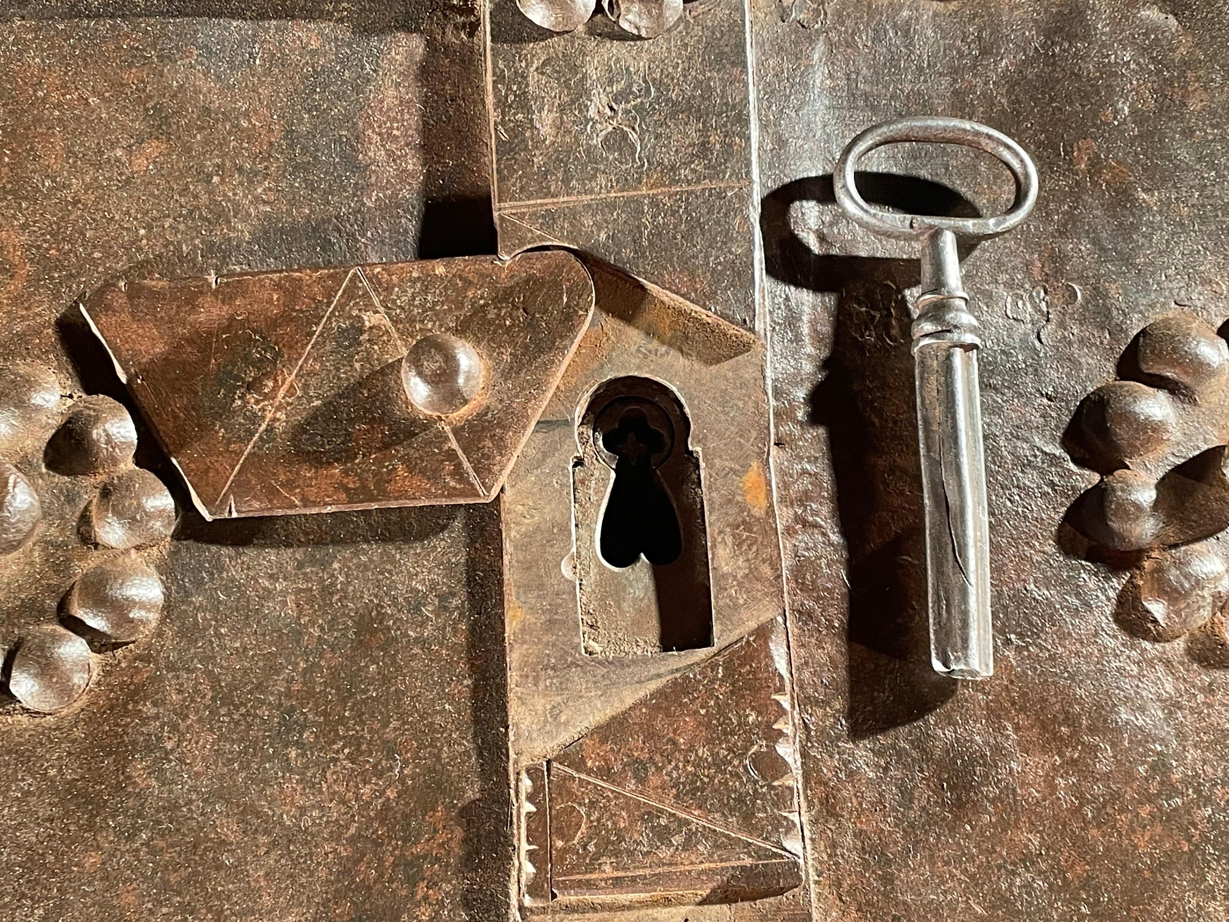 Mid-17th Century Italian Baroque Iron Strongbox Safe With Original 16 Bolt Lock/Lockplate Chased