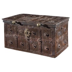 Antique Italian Baroque Iron Strongbox Safe With Original 16 Bolt Lock/Lockplate Chased