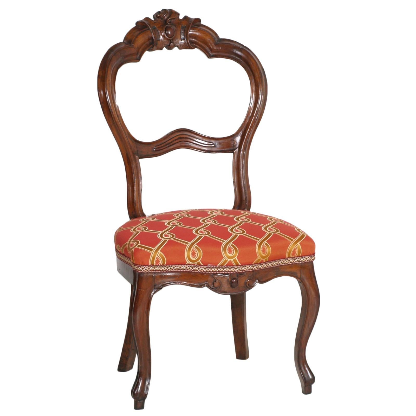 Italian late 19th century, Baroque Louis Philippe, side chairs, slipper chairs in walnut, restored, wax polished and new upholstered with precious fabric by Fortuny- Venice -
Measures cm: H 93\41 W 47 W 47.