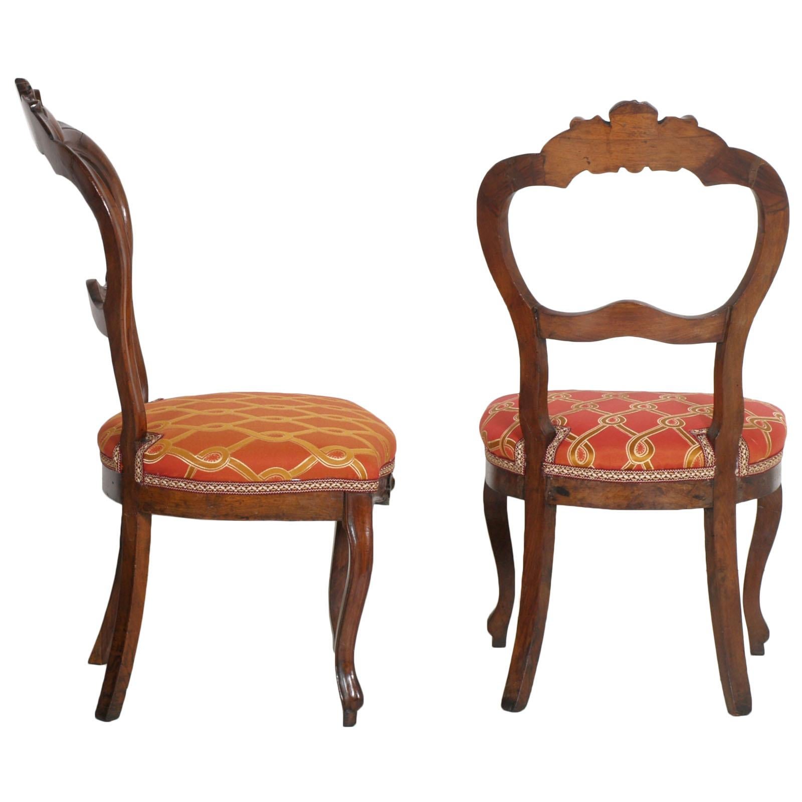 Hand-Carved Italian Baroque Louis Philippe Side Chairs or Slipper Chairs in Walnut, Restored For Sale