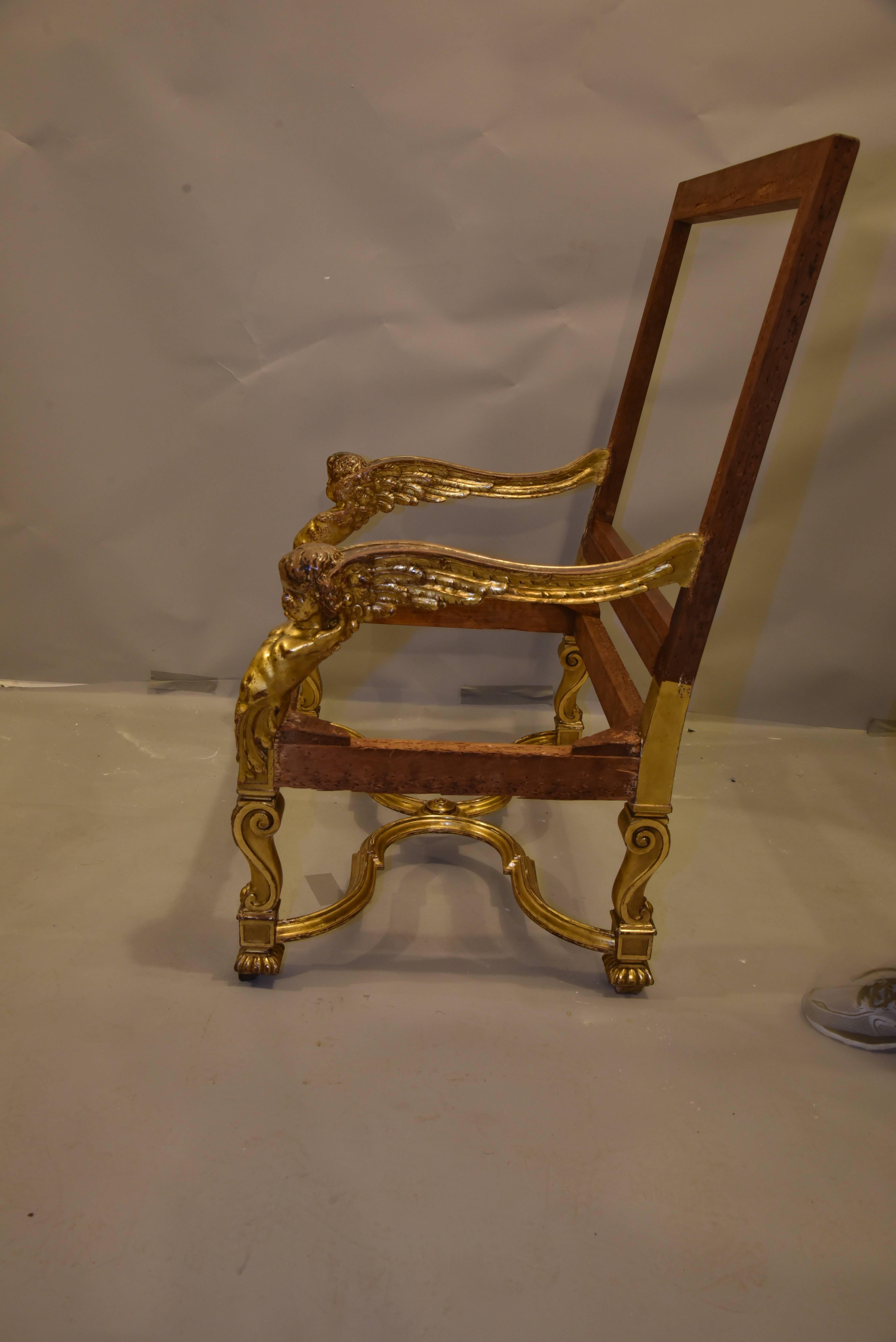Italian Oversized Baroque Louis XIV Style Putti Gilded Throne Chair, Italy, 1890 For Sale
