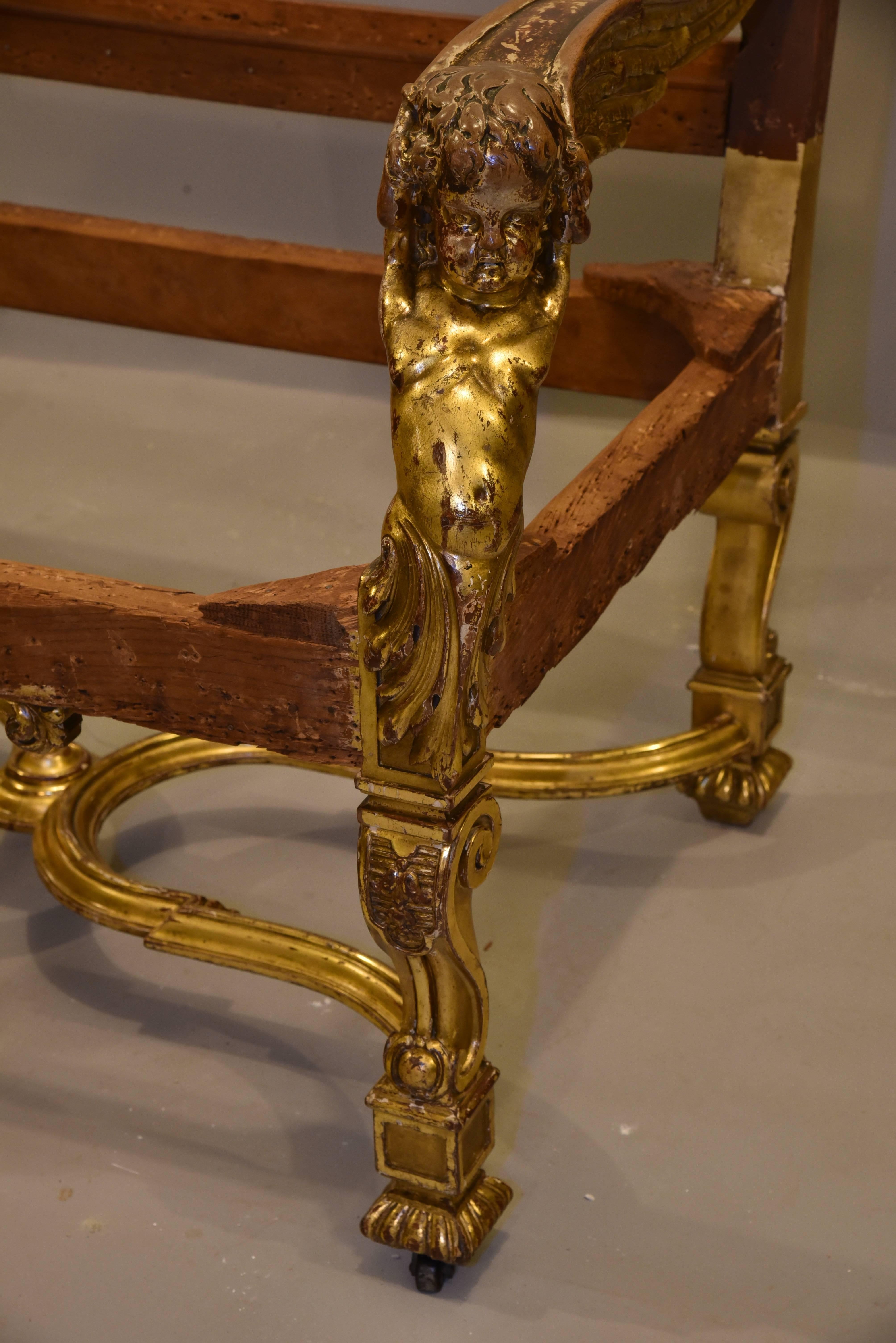 Gilt Oversized Baroque Louis XIV Style Putti Gilded Throne Chair, Italy, 1890 For Sale