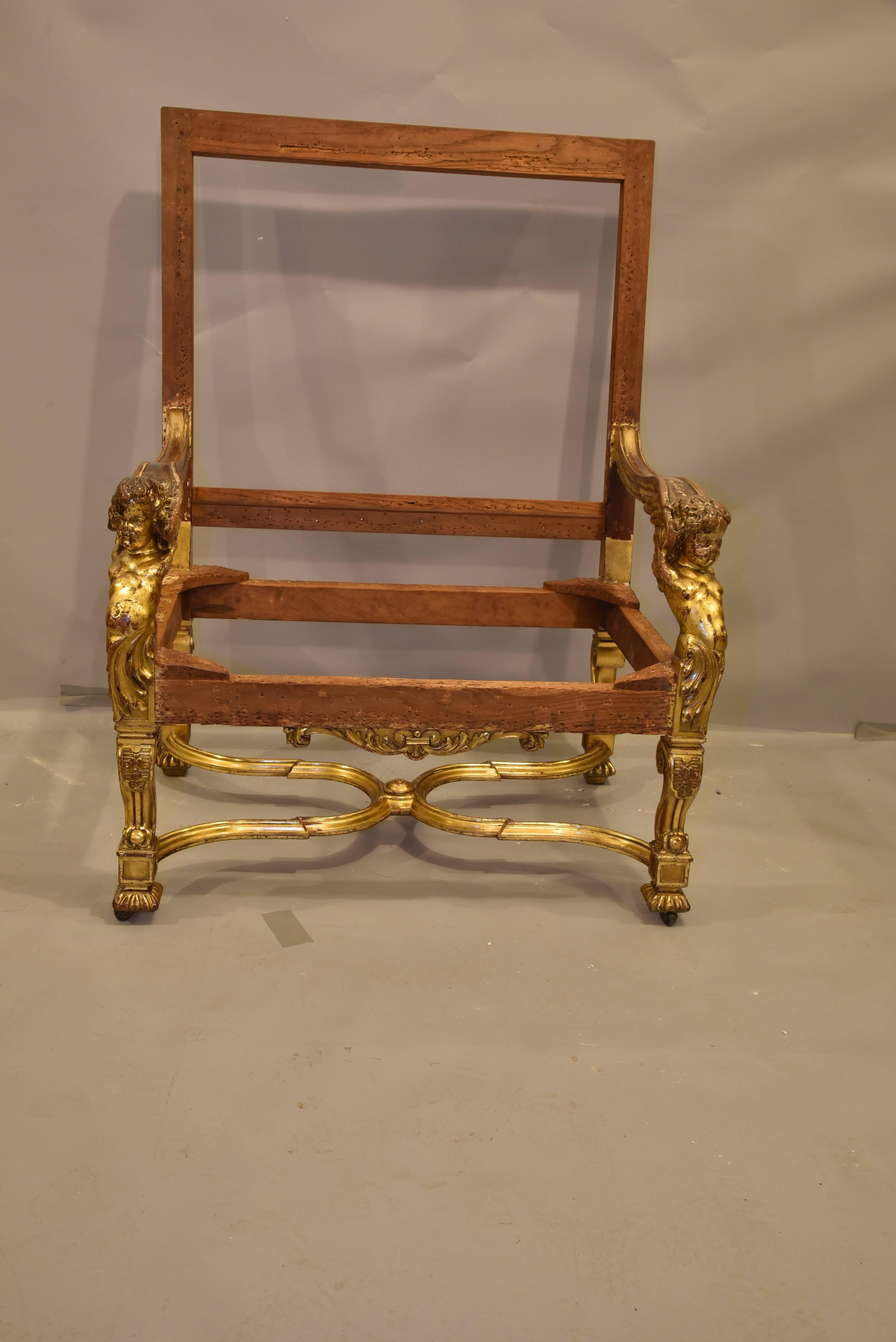 Late 19th Century Oversized Baroque Louis XIV Style Putti Gilded Throne Chair, Italy, 1890 For Sale