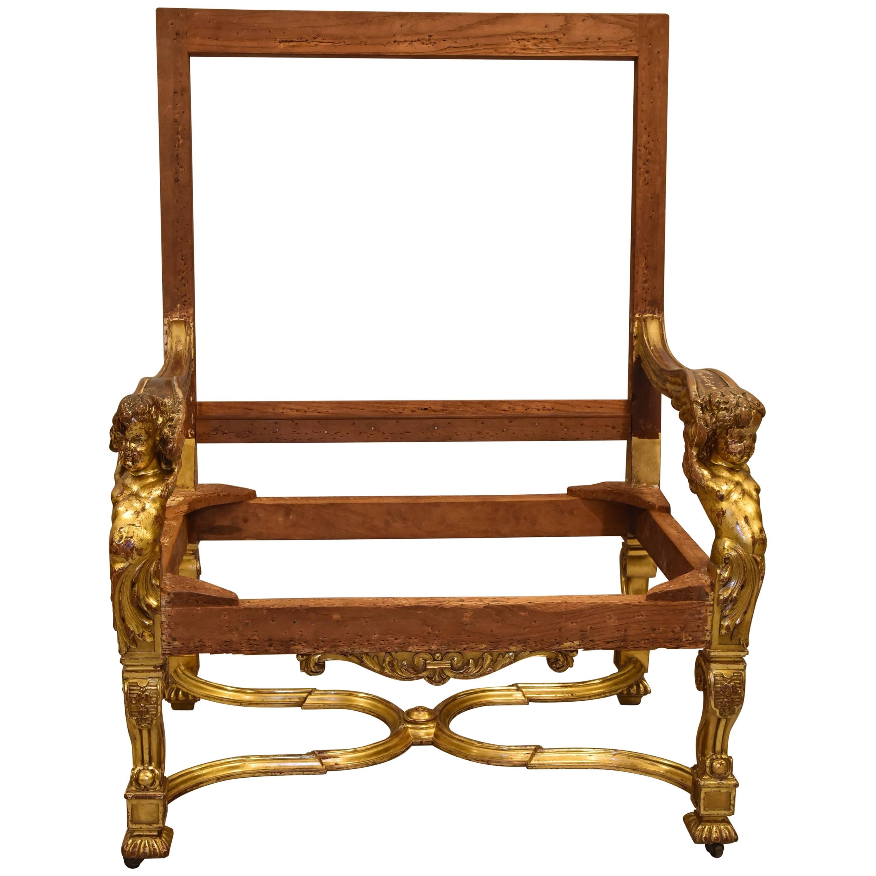 Oversized Baroque Louis XIV Style Putti Gilded Throne Chair, Italy, 1890 For Sale