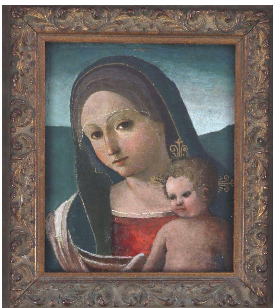 Very early Italian School Madonna and Child, Italian Baroque oil on board painting. Professionally restored. The careful removal of accumulated dirt and age-related damage, followed by the expert retouching of the paint, has revived the painting's