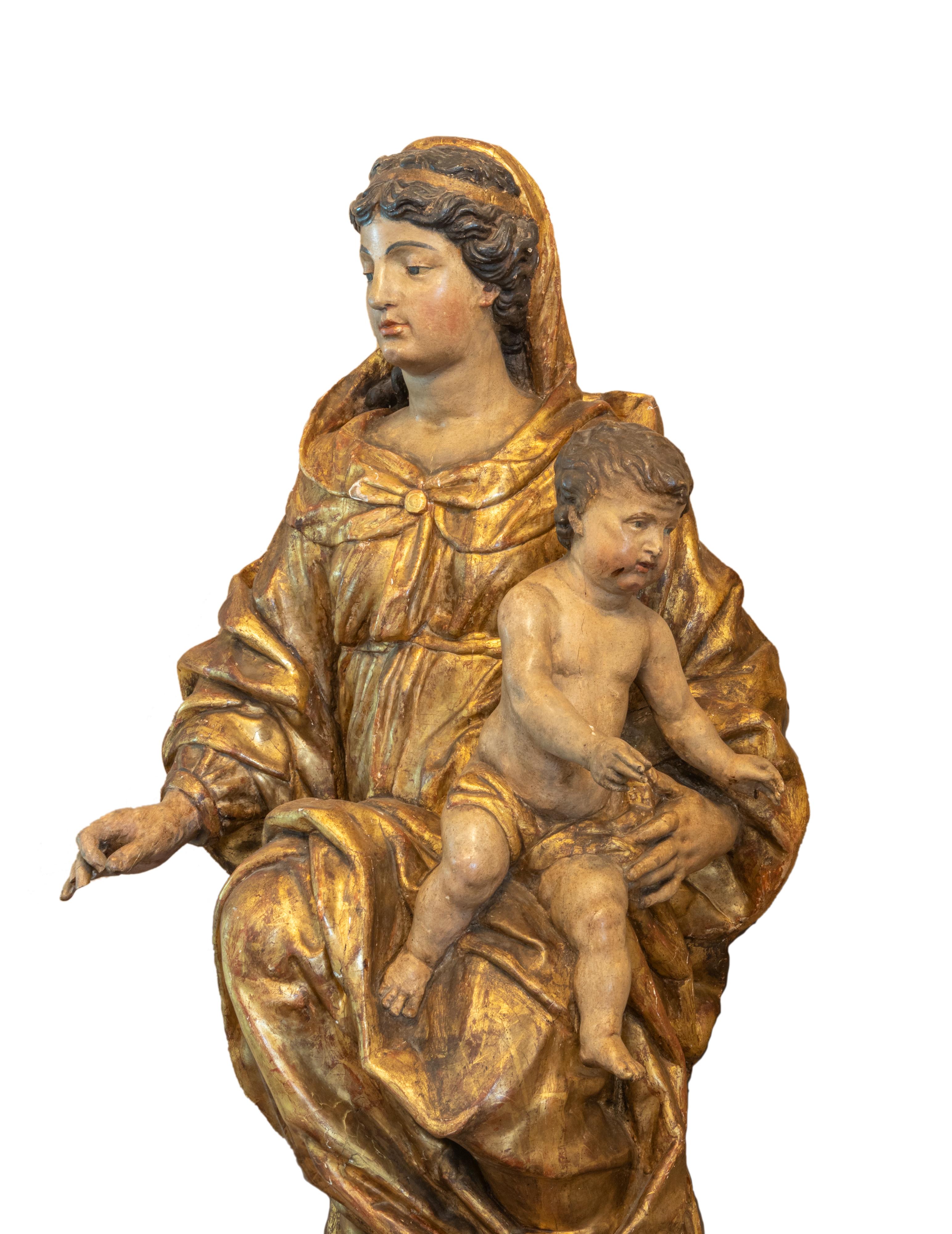 Italienische barocke Madonna mit Child Skulptur, 18. Jahrhundert im Zustand „Gut“ im Angebot in Lisbon, PT