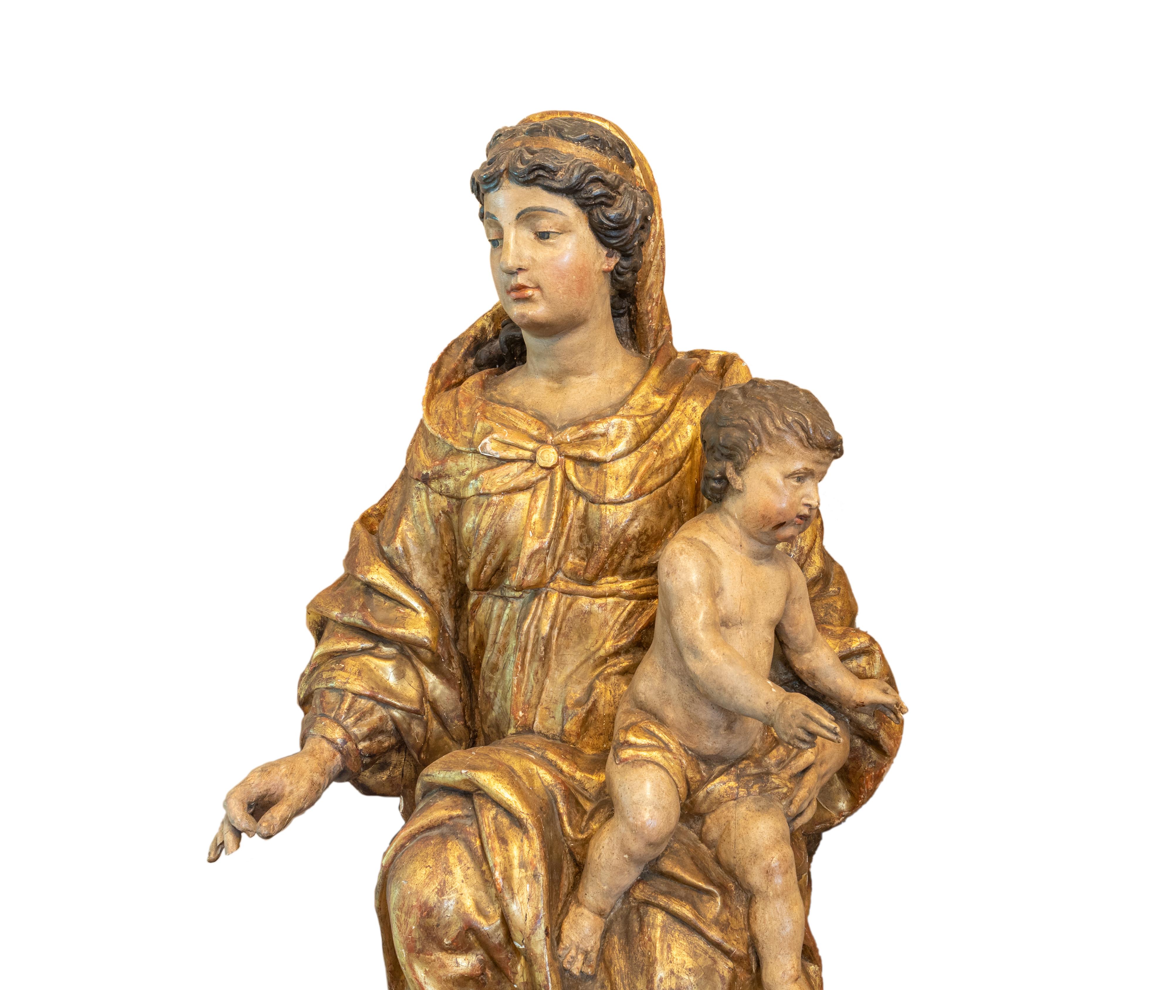 Gold Leaf Italian Baroque Madonna and Child Sculpture, 18th Century For Sale