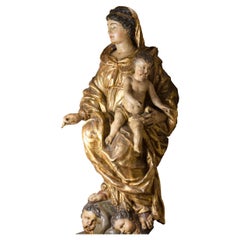 Antique Italian Baroque Madonna and Child Sculpture, 18th Century