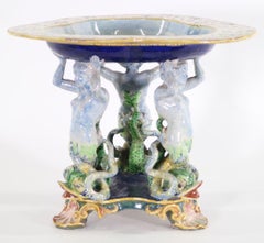 Italian Baroque Majolica Centerpiece Compote with Triton and Dolphin Theme