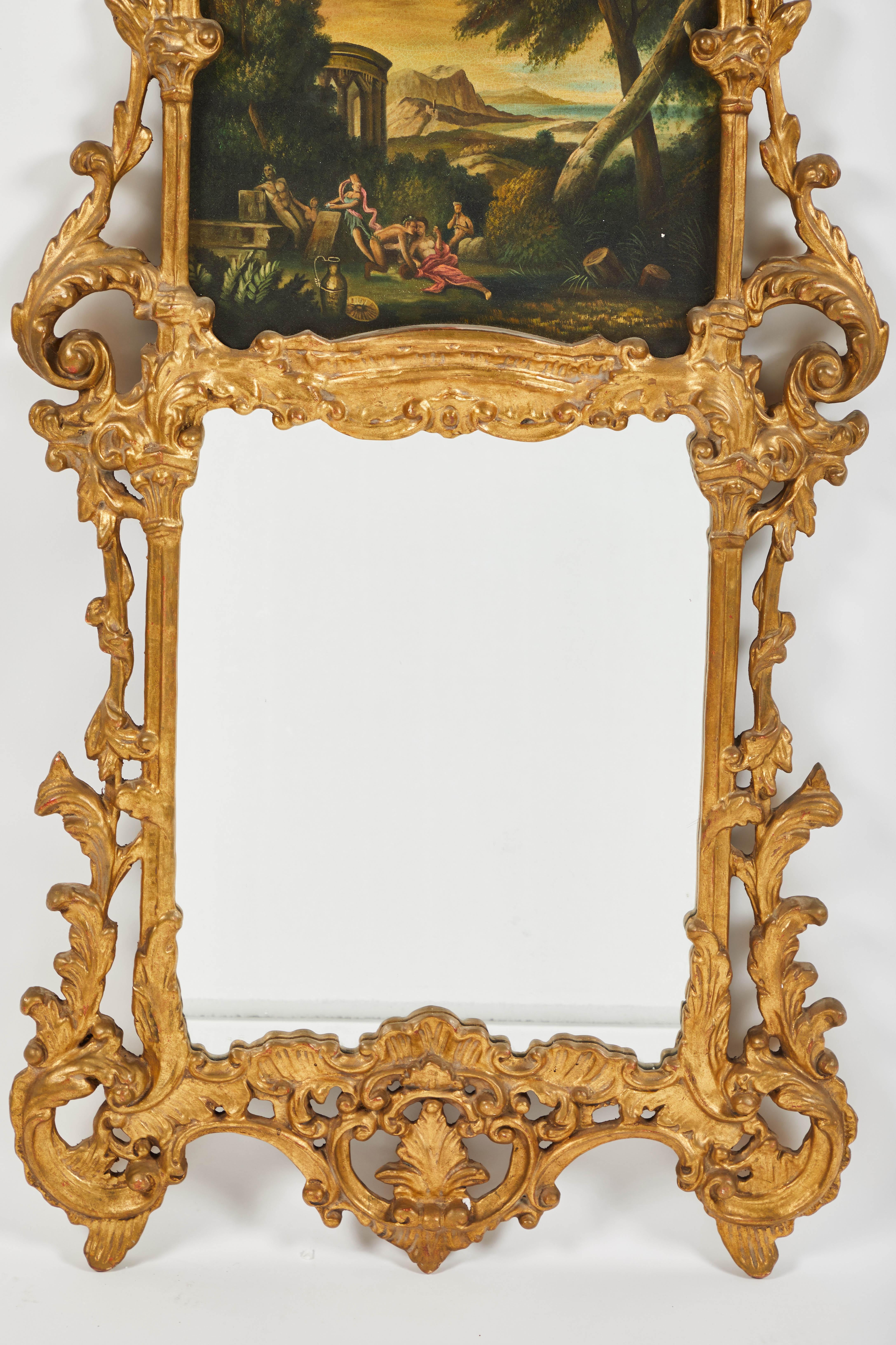 Italian Baroque Mirror Style Carved Giltwood Trumeau Mirror In Good Condition For Sale In Los Angeles, CA
