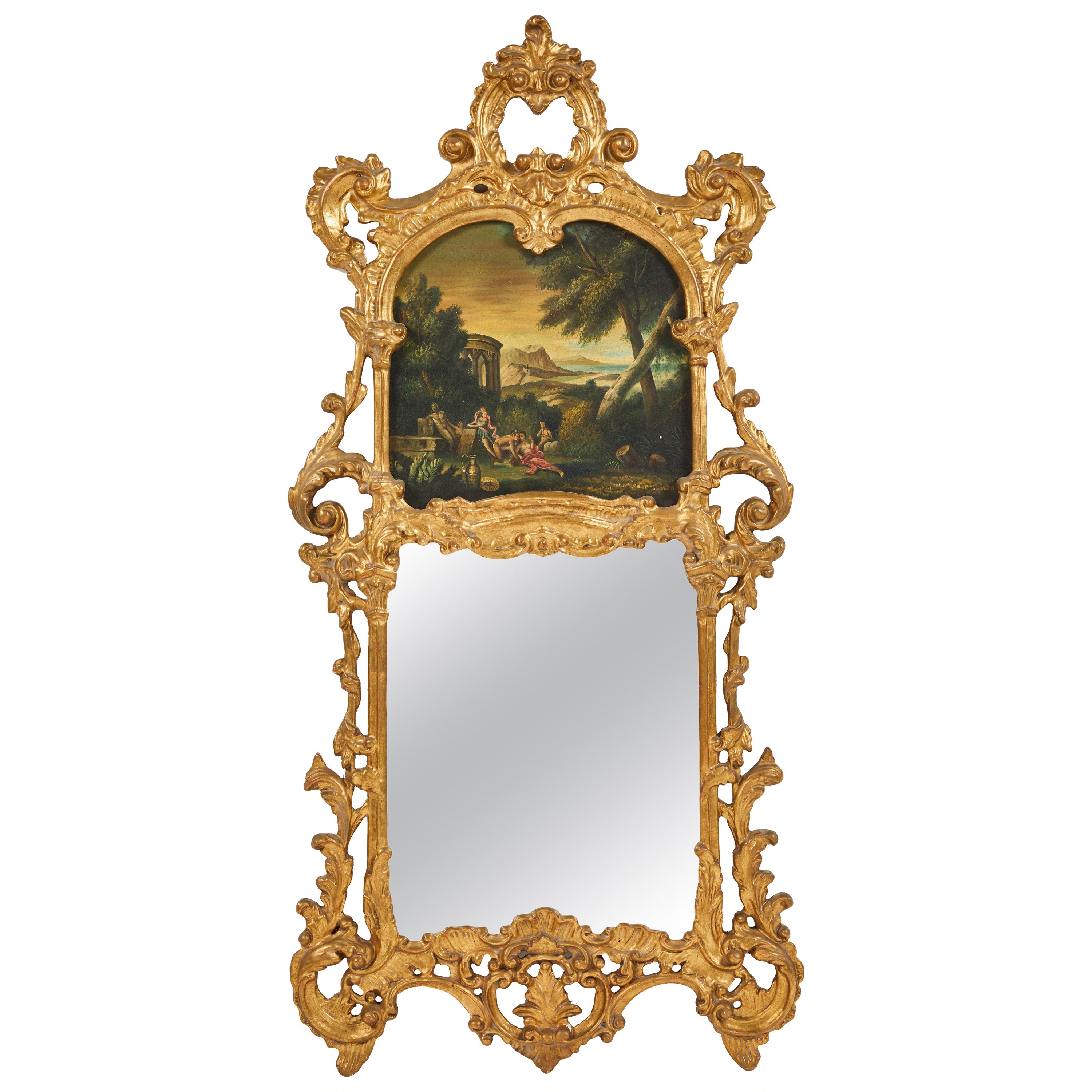 Italian Baroque Mirror Style Carved Giltwood Trumeau Mirror For Sale