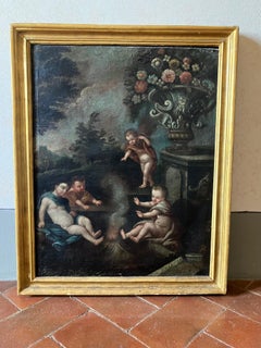 Italian Baroque Oil on Canvas Painting with Putti, Cherubs in Gold Leaf Frame